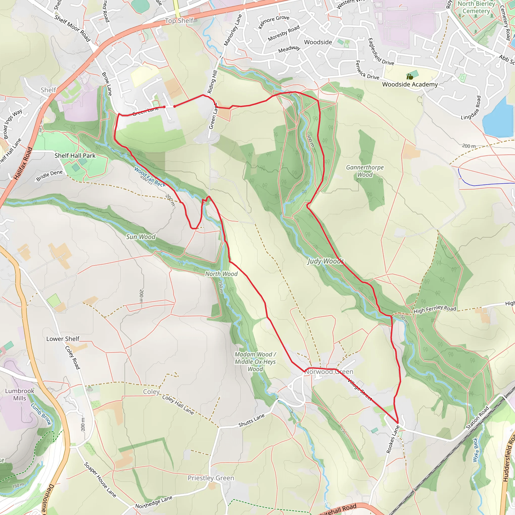 Shelf - Low Bentley - Judy Woods - Norwood Green - Dean House and Wood Fall mobile static map