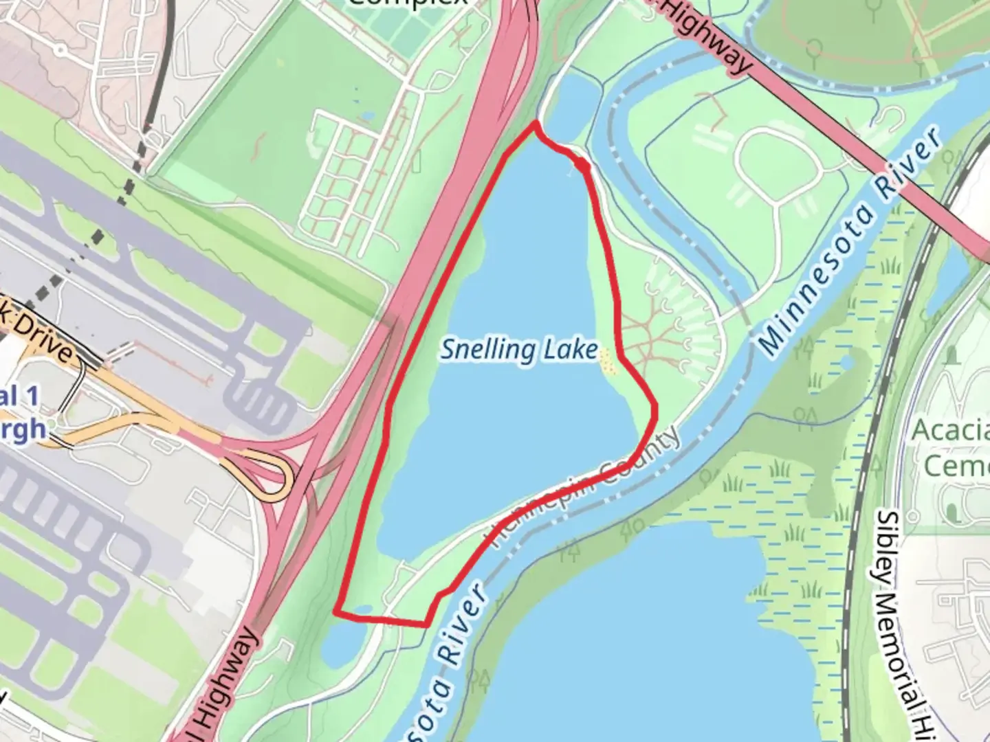 An image depicting the trail Snelling Lake and Minnehaha Loop Trail and its surrounding area.