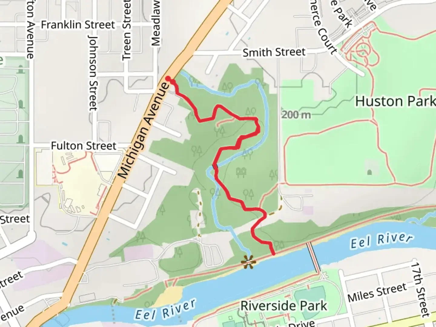 An image depicting the trail Eel River from Michigan Avenue and its surrounding area.