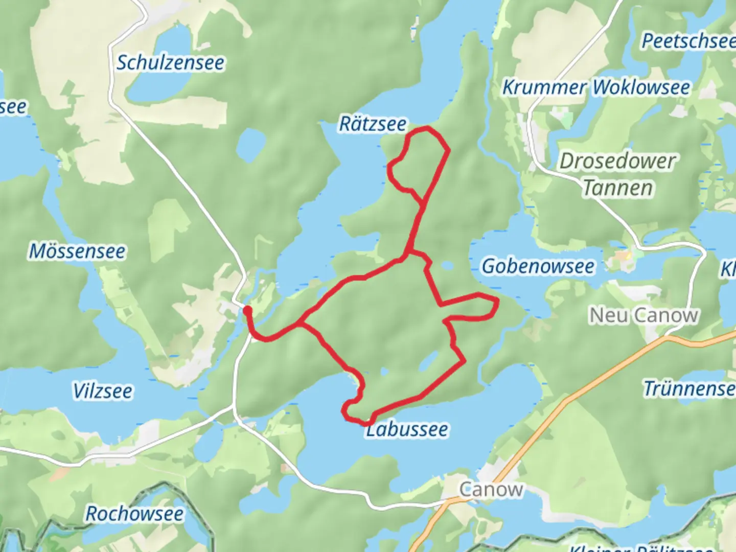 An image depicting the trail Labussee and Raetzsee Loop and its surrounding area.