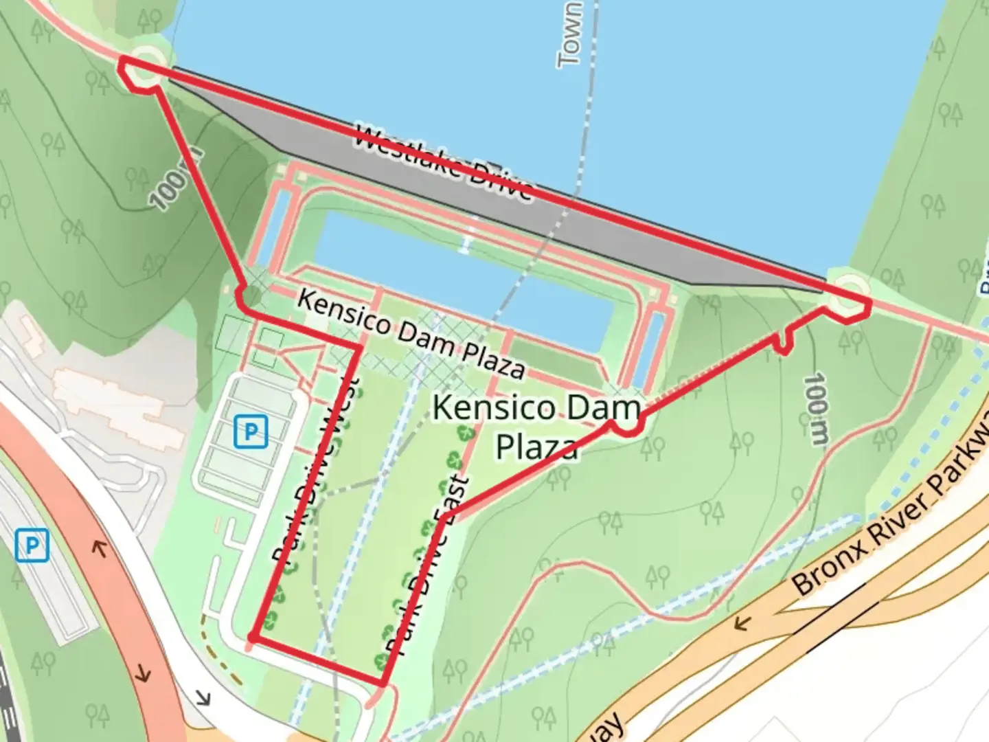 An image depicting the trail Kensico Dam Plaza Loop and its surrounding area.