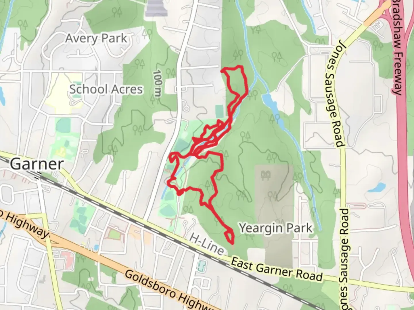 An image depicting the trail Garner Recreational Park Loop and its surrounding area.