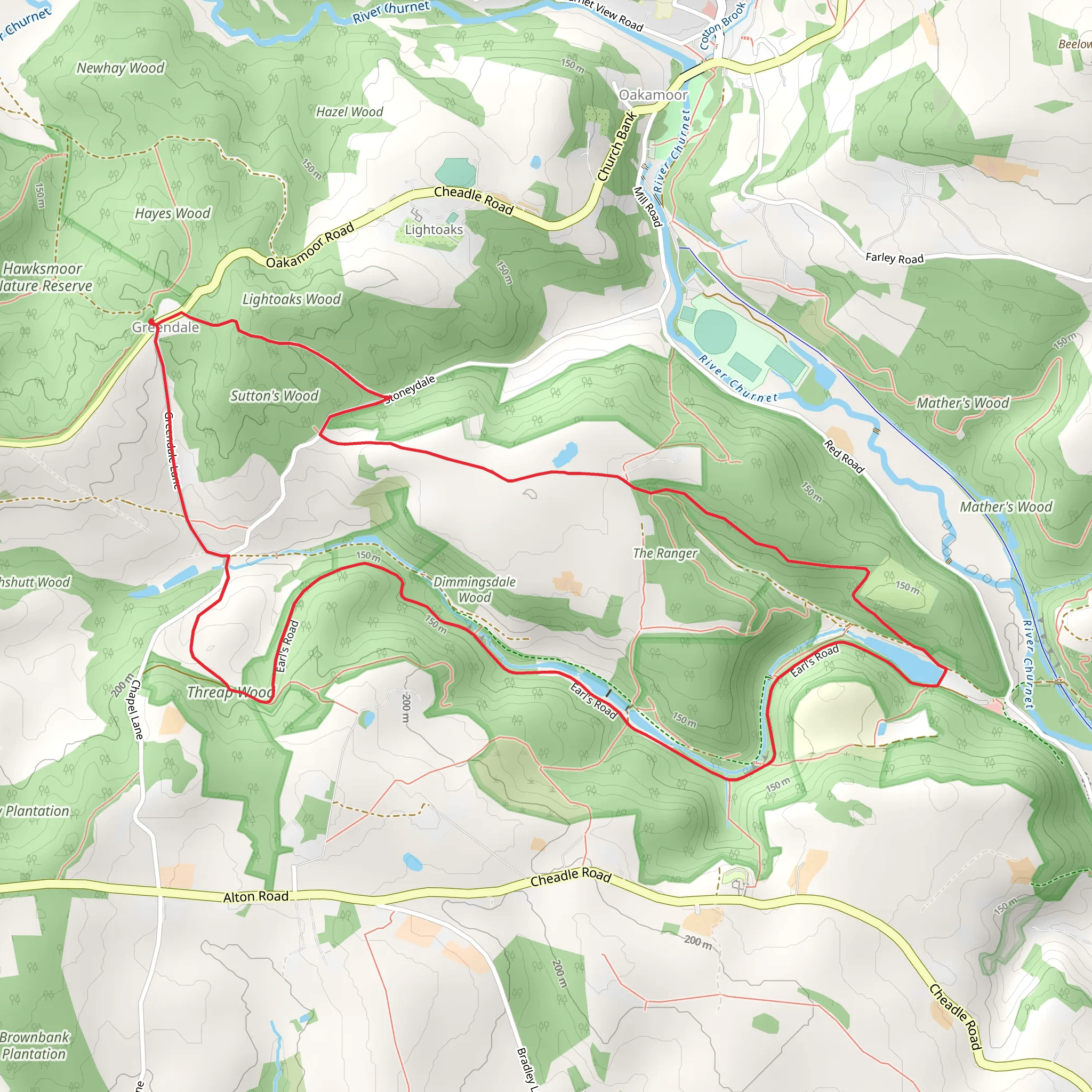 Sutton's Wood and Dimmingsdale Wood via Staffordshire Moorlands Walk mobile static map