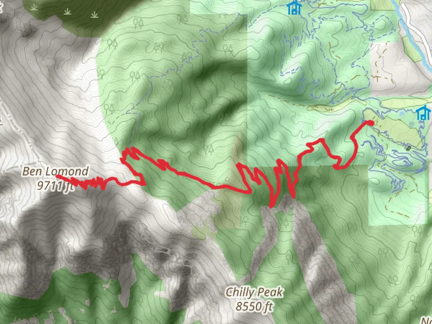 An image depicting the trail Ben Lomond via Ben Lomond Trail and Skyline North Trail and its surrounding area.
