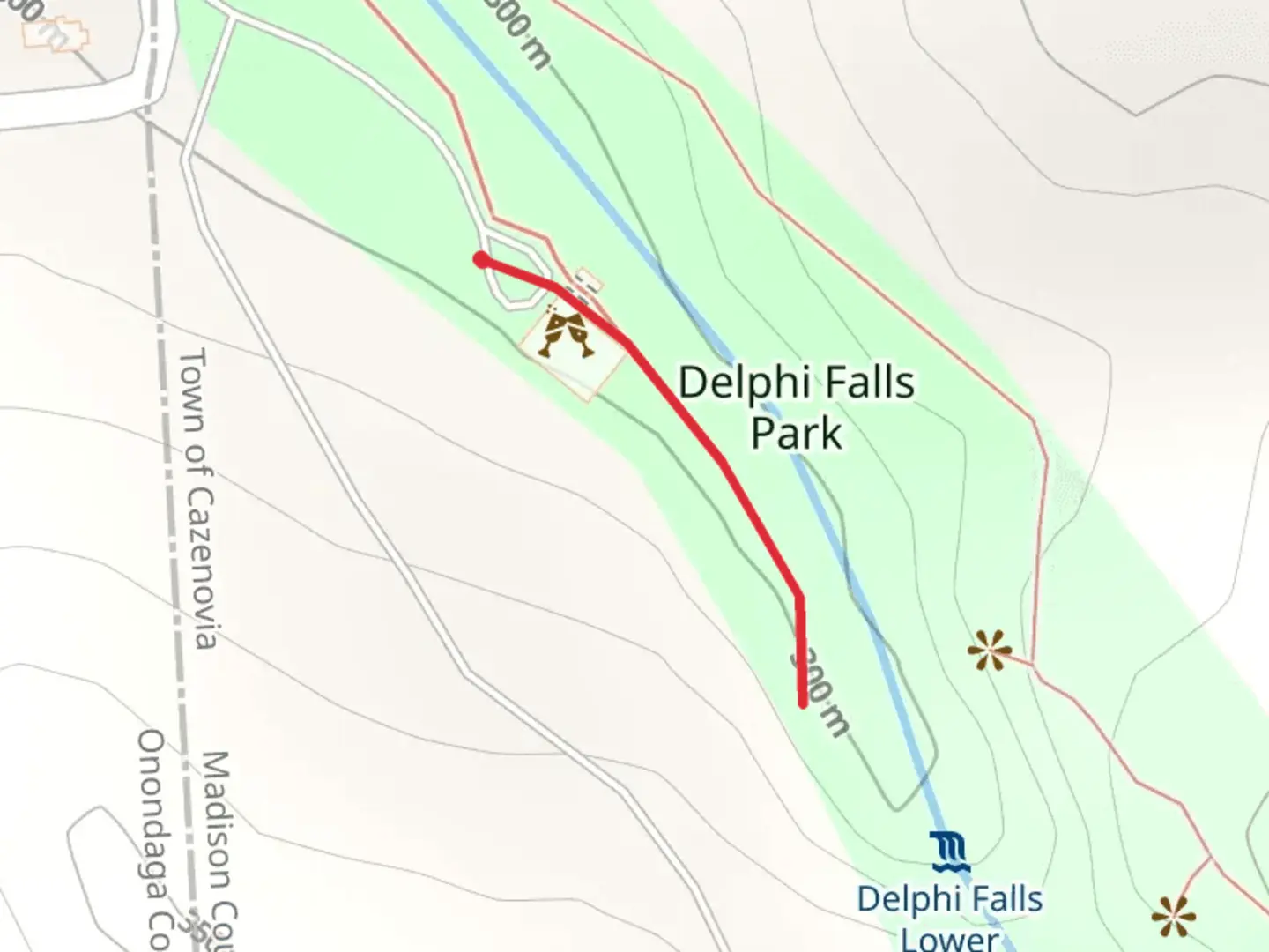 An image depicting the trail Delphi Falls Park Trail and its surrounding area.