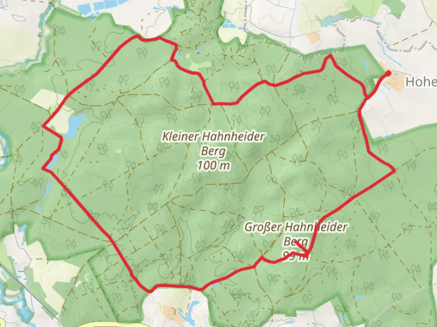 An image depicting the trail Hahnheide Loop via Hahnheider Berg and its surrounding area.