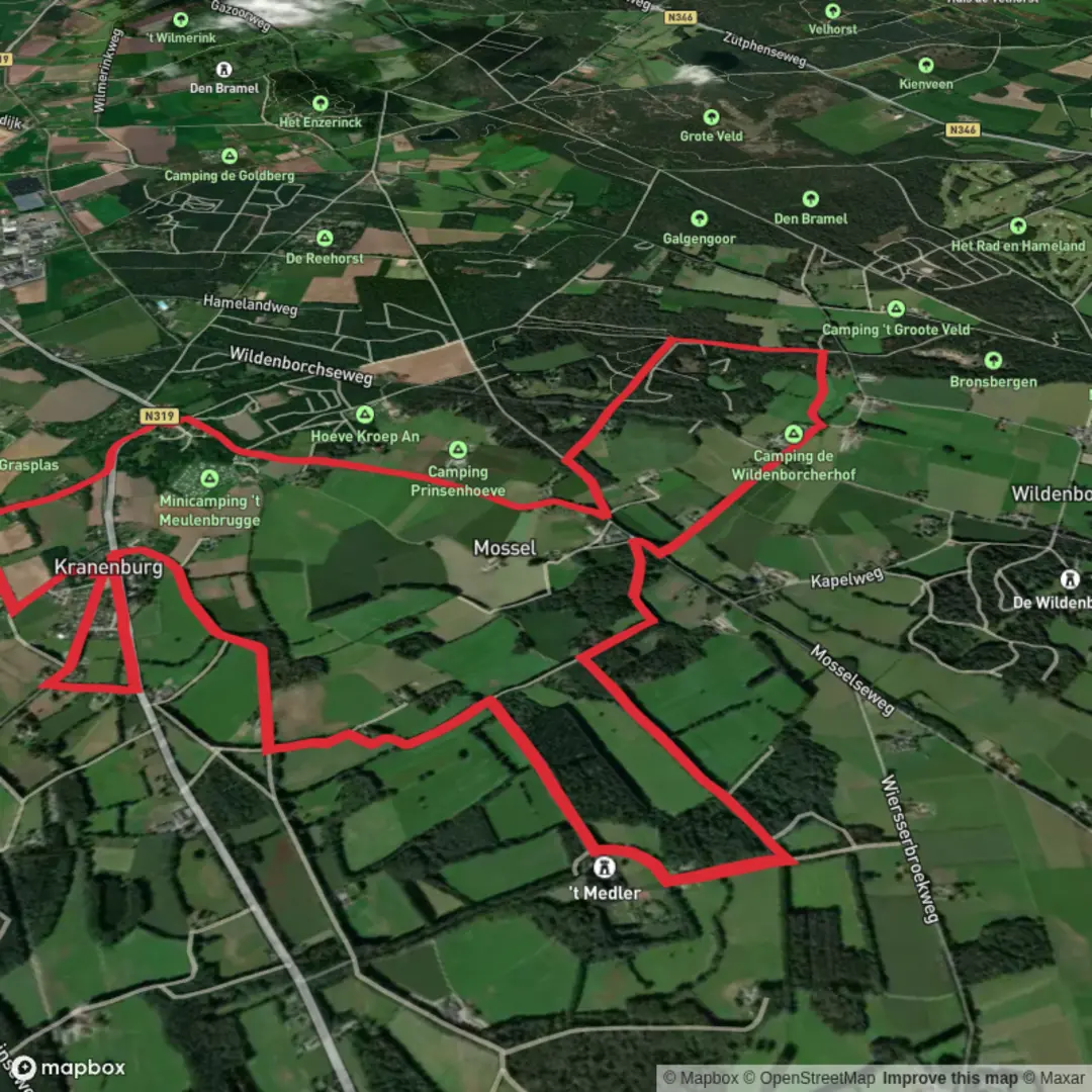 An image depicting the trail Ganzensteeg and Het Beekhuis Loop and its surrounding area.