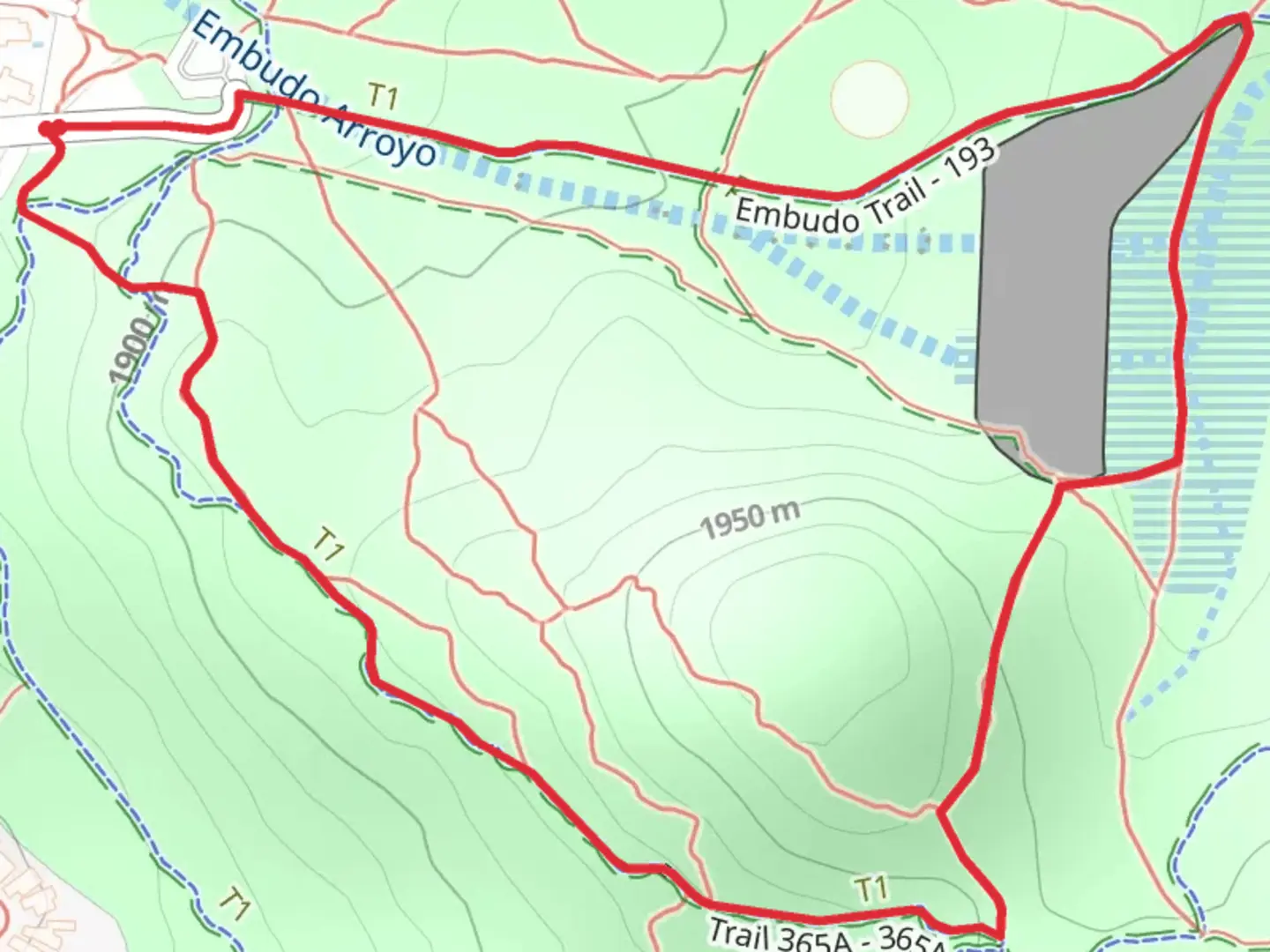 An image depicting the trail Embudo Arroyo Loop and its surrounding area.