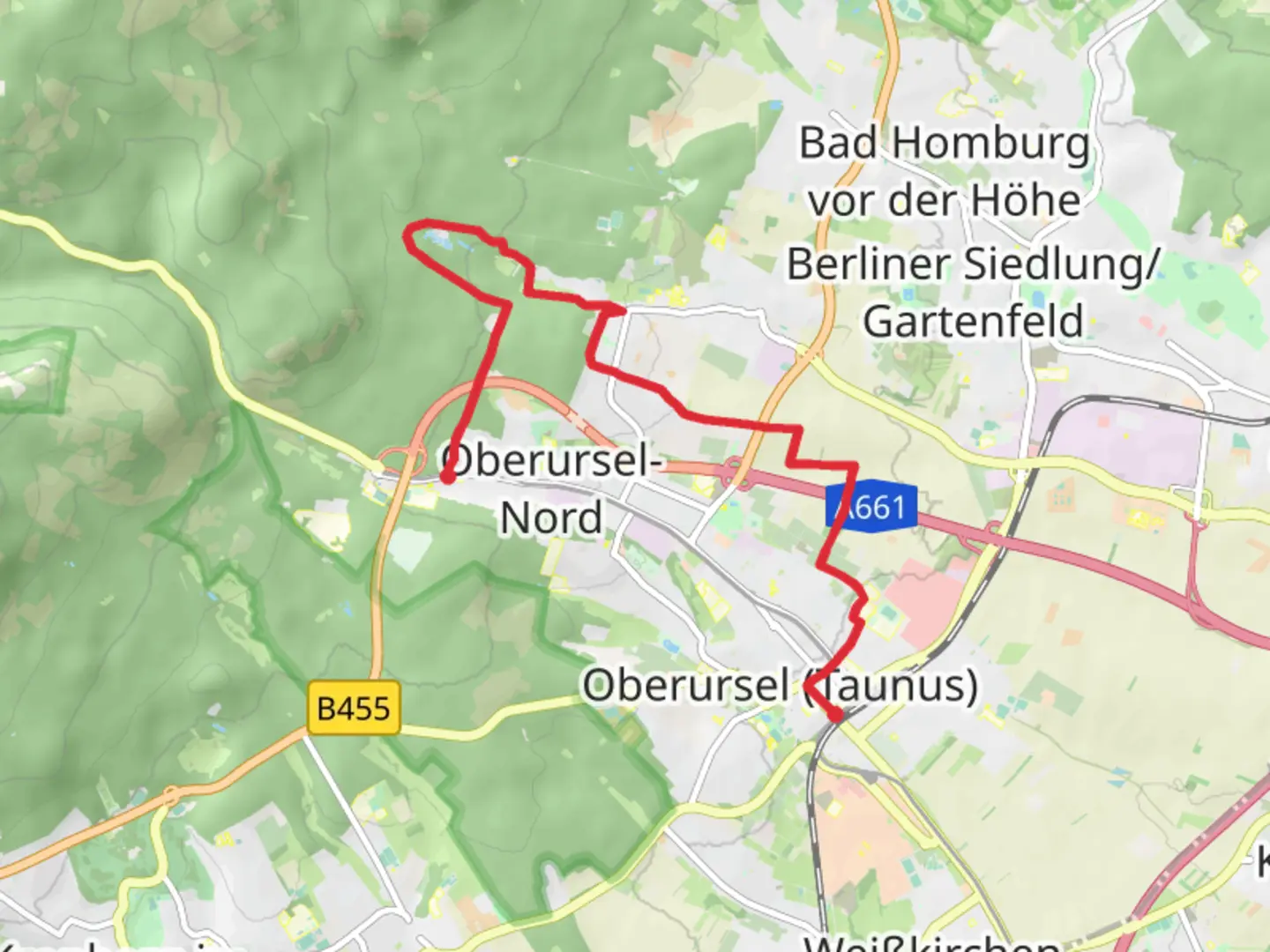 An image depicting the trail Waldlust to Oberursel Bahnhof via Oberurseler Rundwanderweg and its surrounding area.