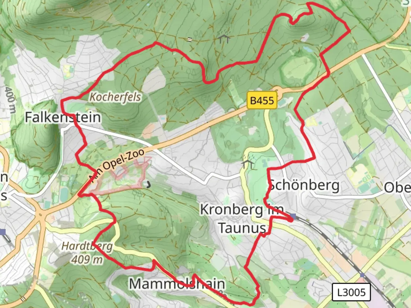 An image depicting the trail Kronberg and Falkenstein Loop via Hinterste Neuwiese bei Kronberg and its surrounding area.