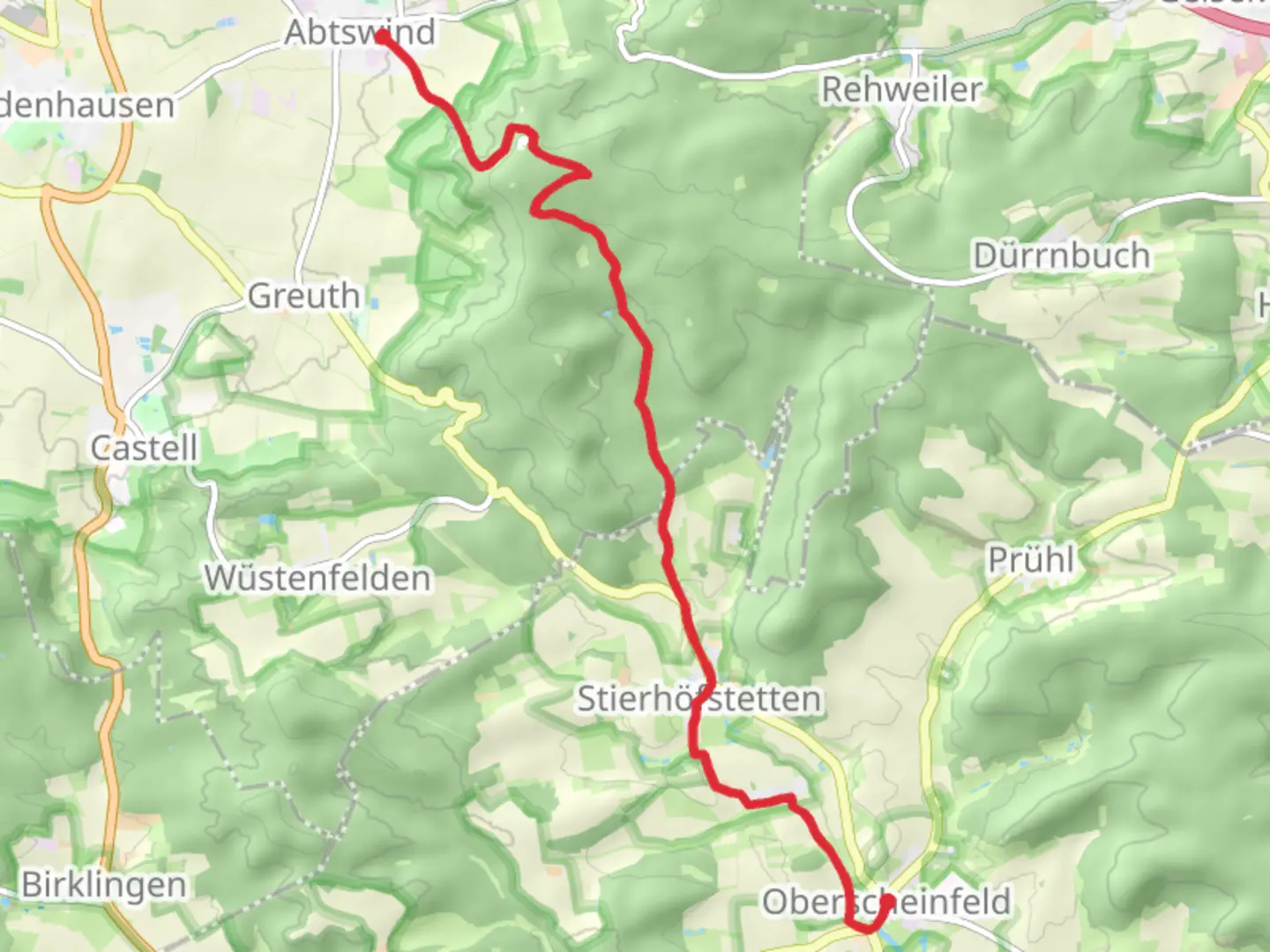 An image depicting the trail Abtswind to Oberscheinfeld via Hoellbachweg and O2 and its surrounding area.
