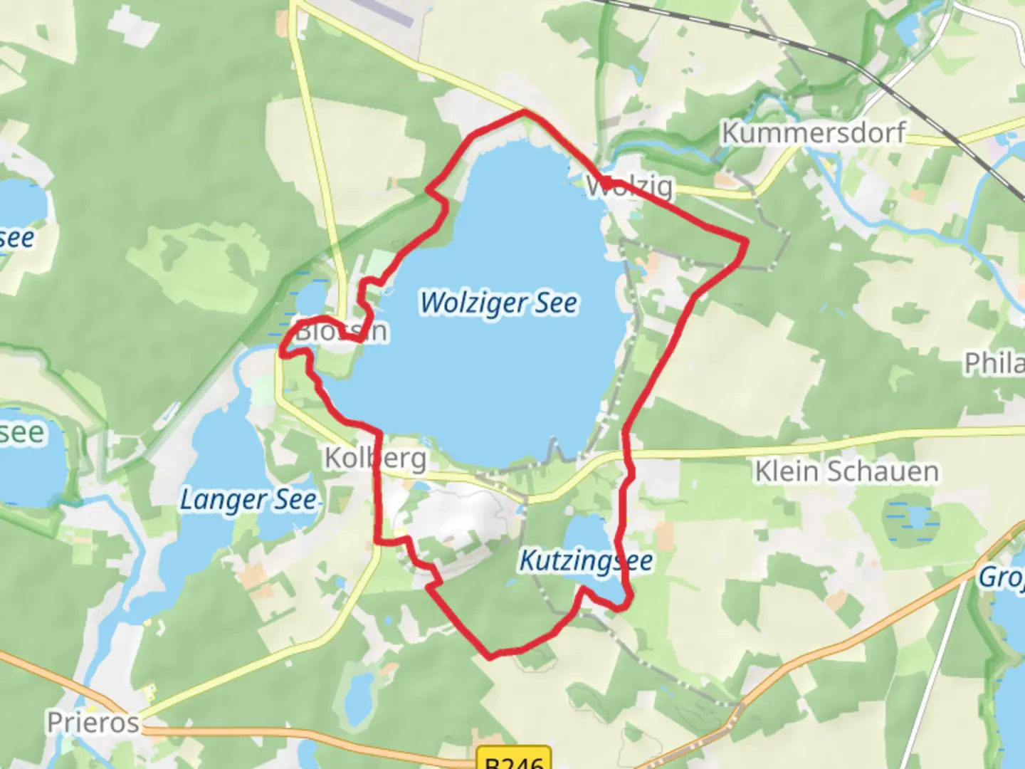 An image depicting the trail Wolziger See and Kutzingsee Loop and its surrounding area.