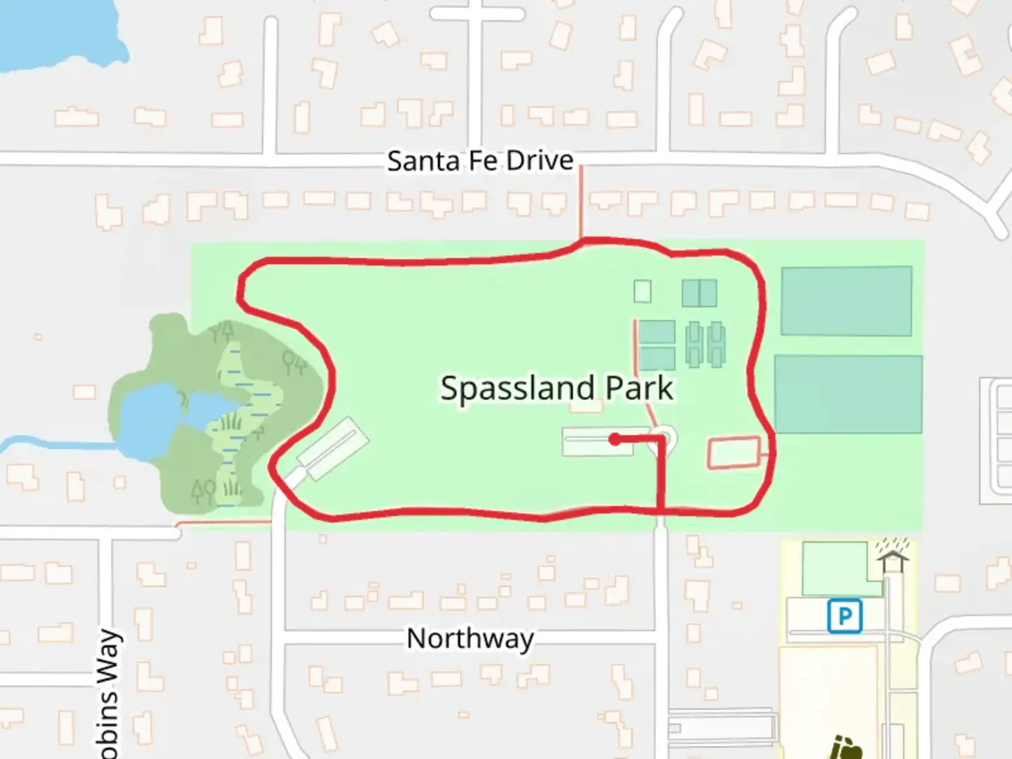 An image depicting the trail Spassland Park Loop and its surrounding area.