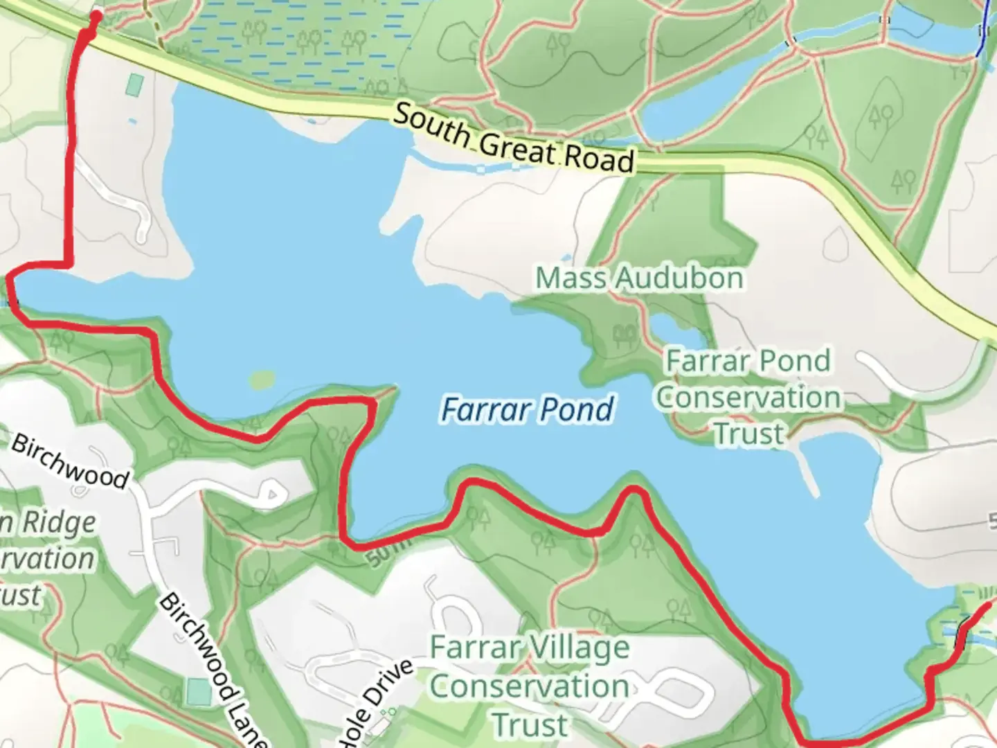 An image depicting the trail Farrar Pond via Bay Circuit Trail and its surrounding area.