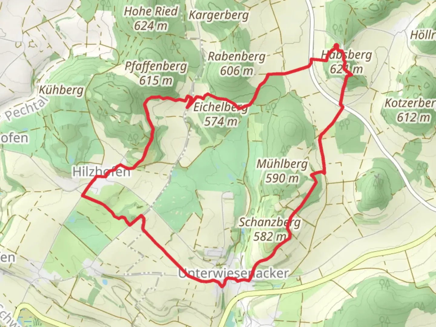 An image depicting the trail Habsberg via Jurasteig Schlaufe and Gruenkreuz and its surrounding area.