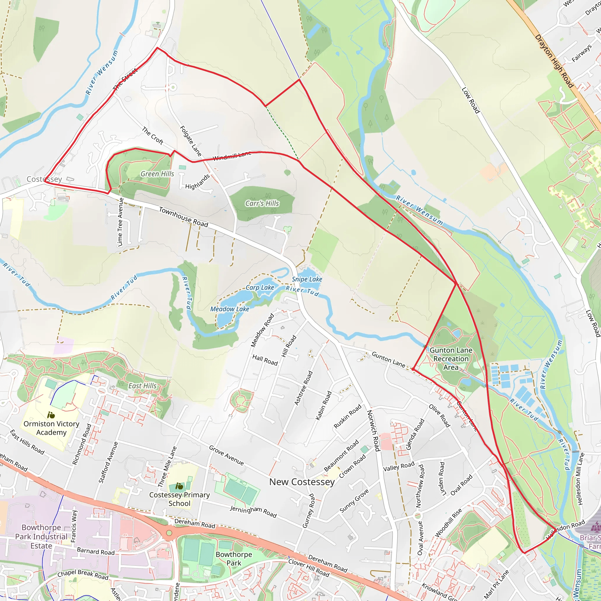 Gunton Lane Recreation Area and Costessey Loop mobile static map