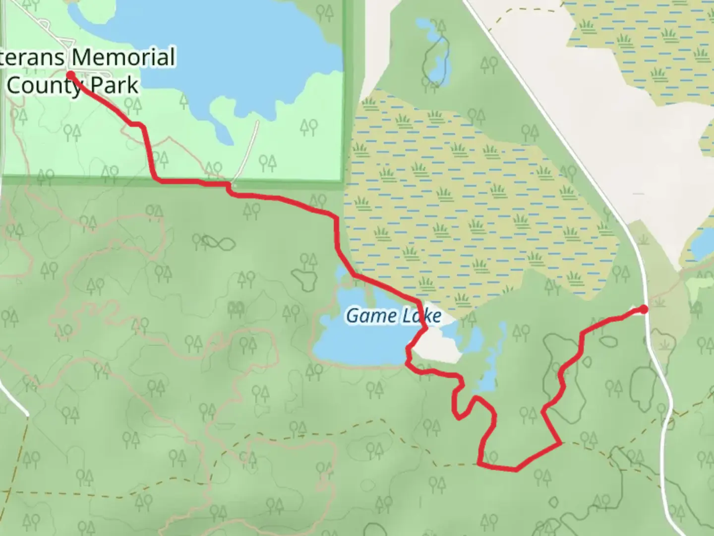 An image depicting the trail Game Lake and Veterans Memorial County Park via IAN and its surrounding area.