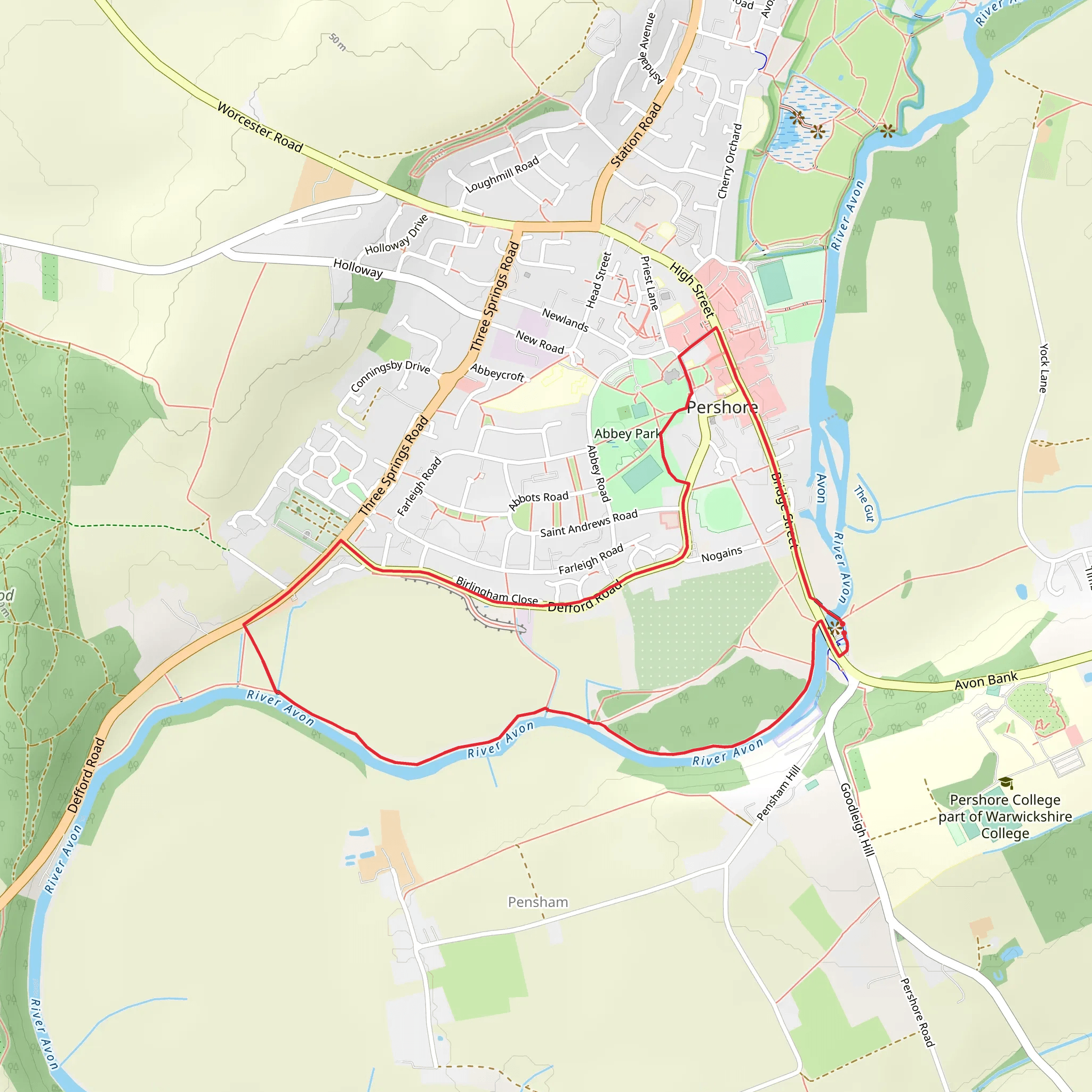 Pershore Bridges, Abbey Park and River Avon Loop mobile static map