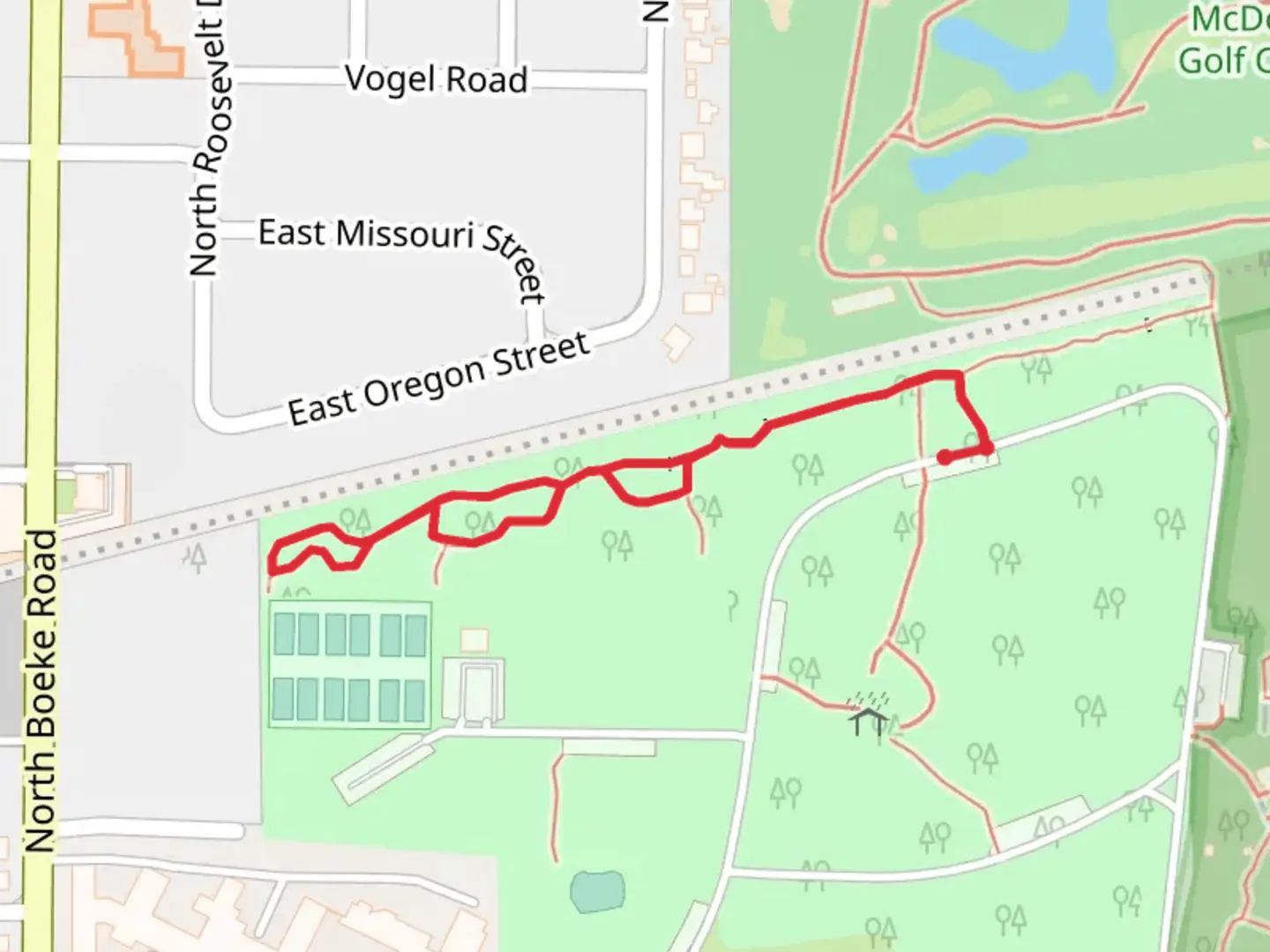 An image depicting the trail Wesselman Woods Nature Preserve Out and Back and its surrounding area.