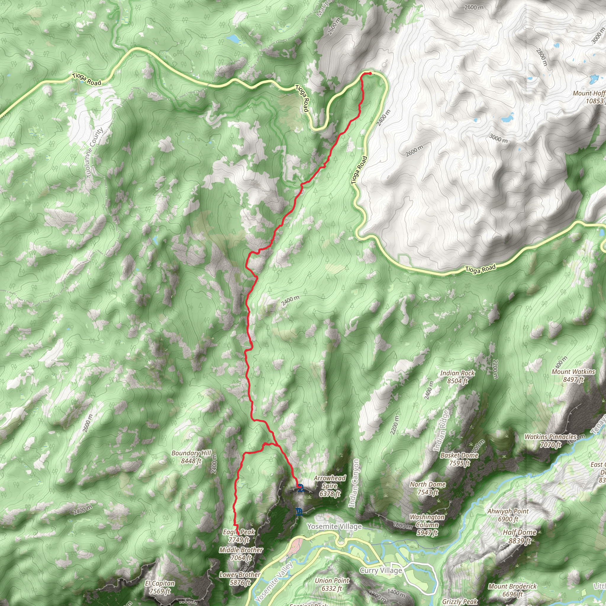 Eagle Peak and Upper Yosemite Fall Trail mobile static map