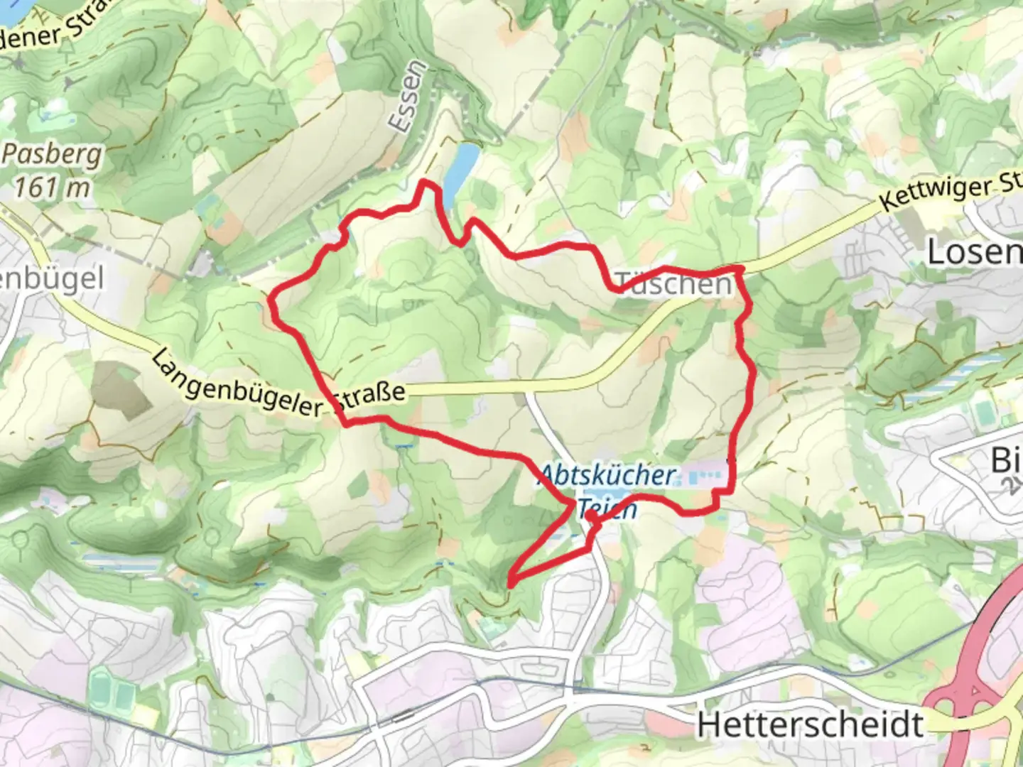 An image depicting the trail Abtskuecher Teich via Freizeit Rundweg and Abtskueche Rundweg and its surrounding area.