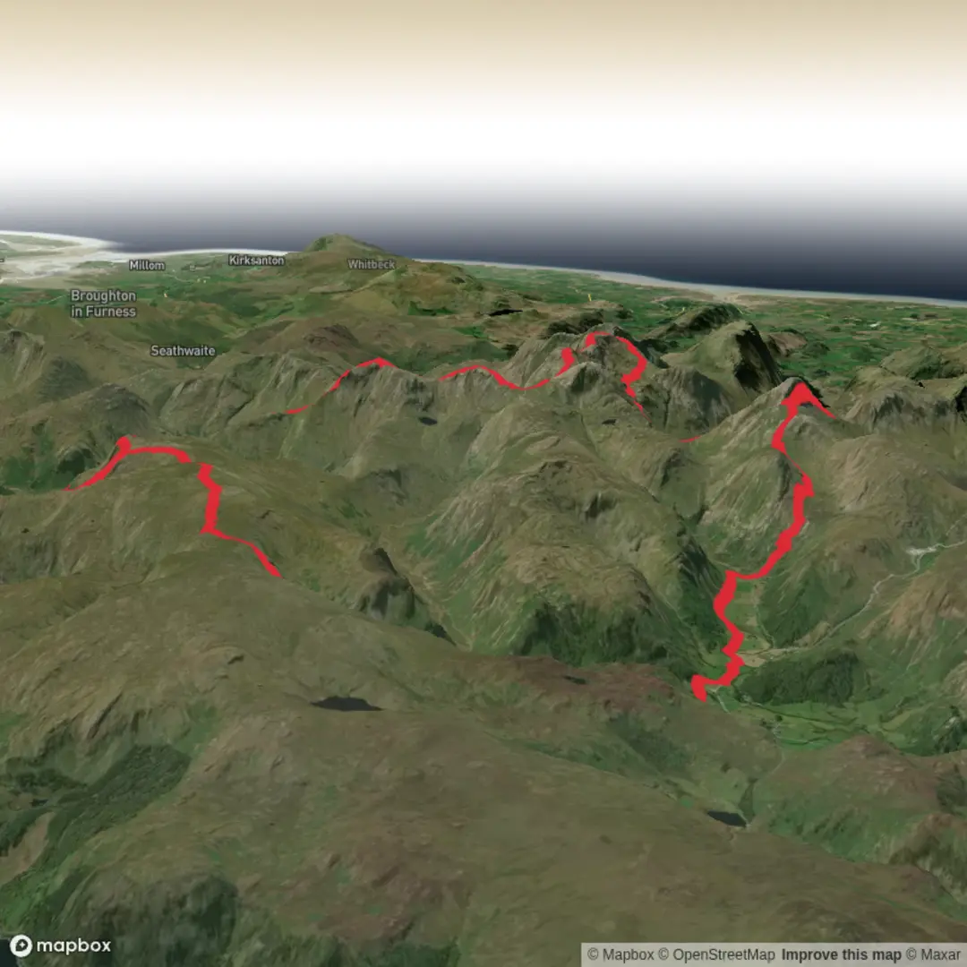 An image depicting the trail Stickle Tarn, Galleny Force and Bow Fell Loop and its surrounding area.