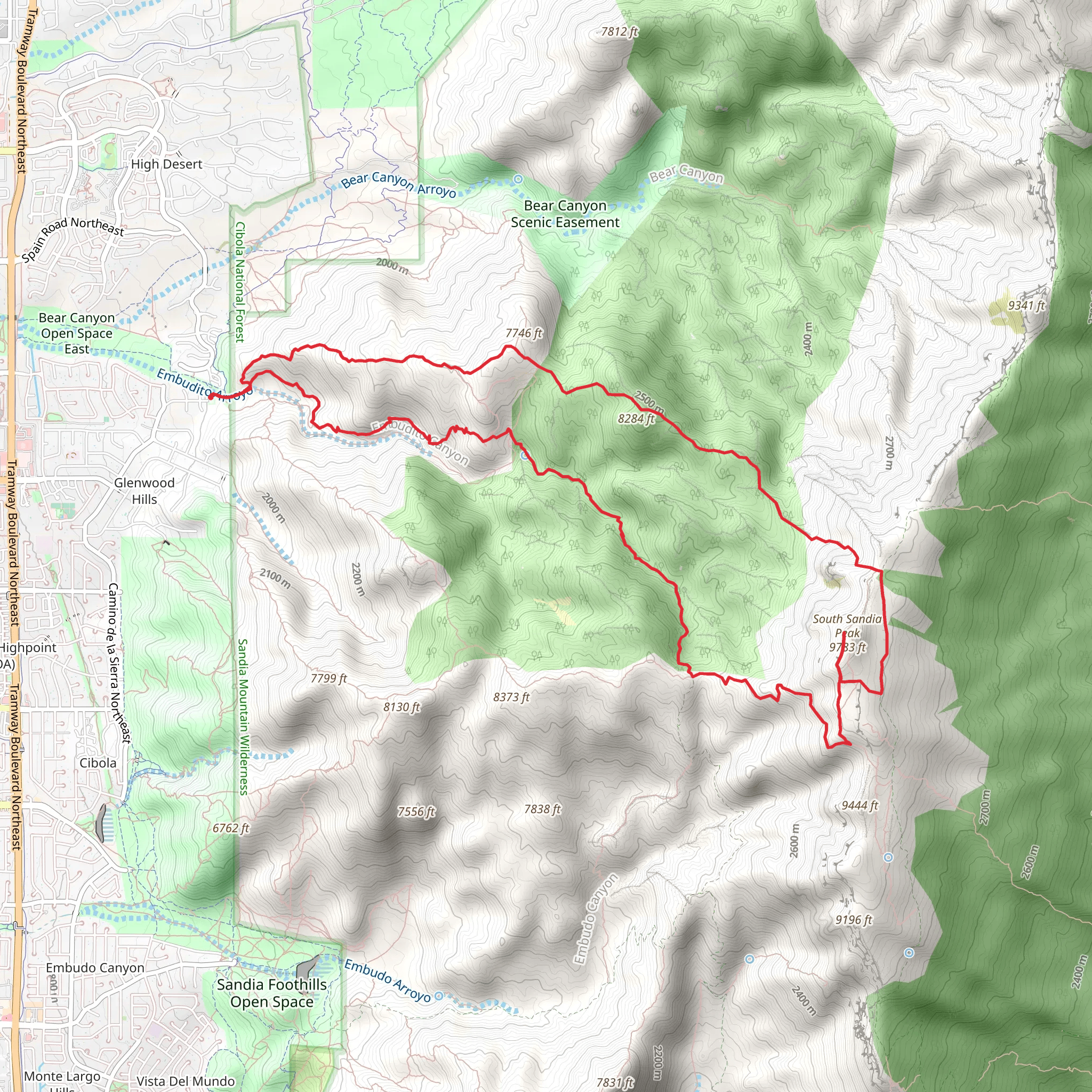 Oso Ridge, South Sandia Peak and Embudito Loop Trail mobile static map