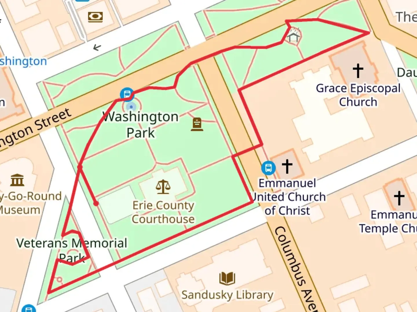 An image depicting the trail Washington Park and Veterans Memorial Park Loop and its surrounding area.