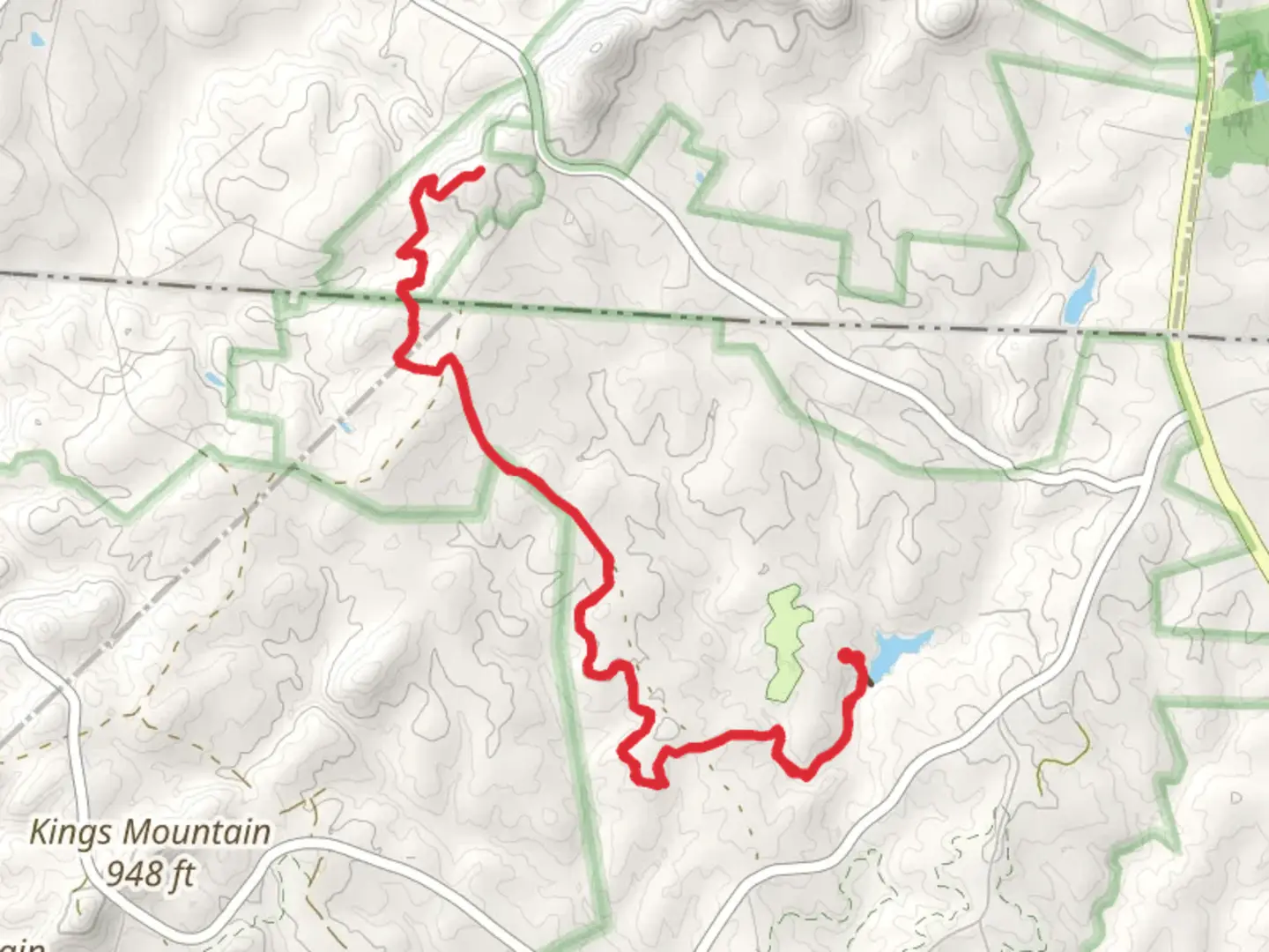 An image depicting the trail Kings Mountain National Recreation and Ridgeline Trail from Lake Crawford and its surrounding area.