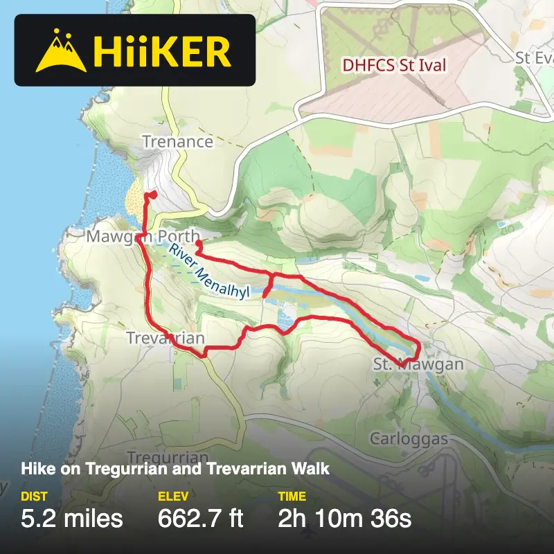 A map preview of the recording Hike on Tregurrian and Trevarrian Walk.