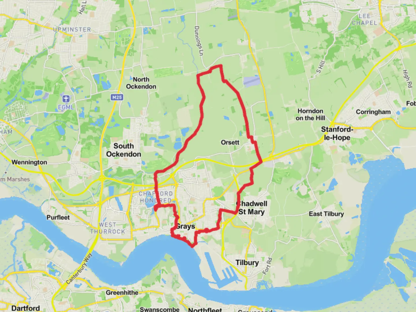 An image depicting the trail Grays Thurrock loop and its surrounding area.