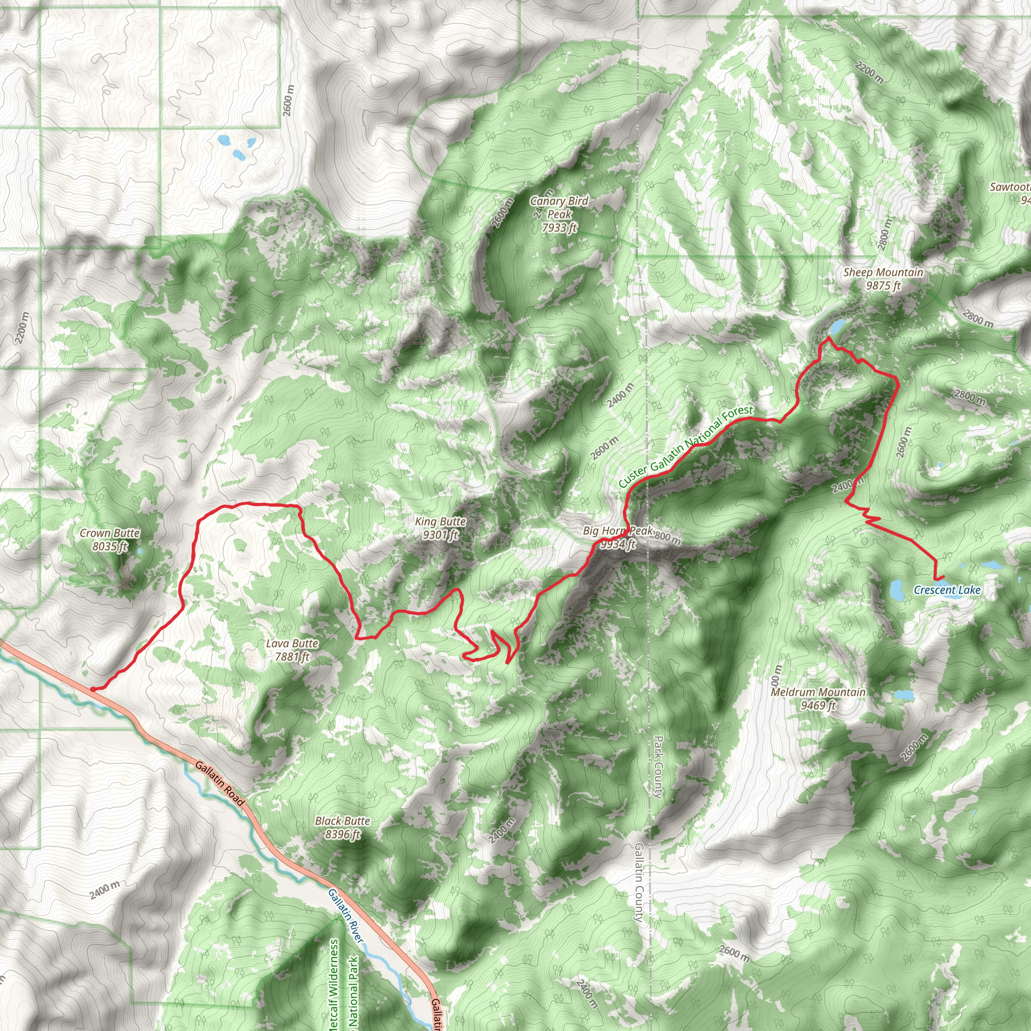 Crescent Lake, Shelf Lake and Big Horn Peak via Daly Creek mobile static map