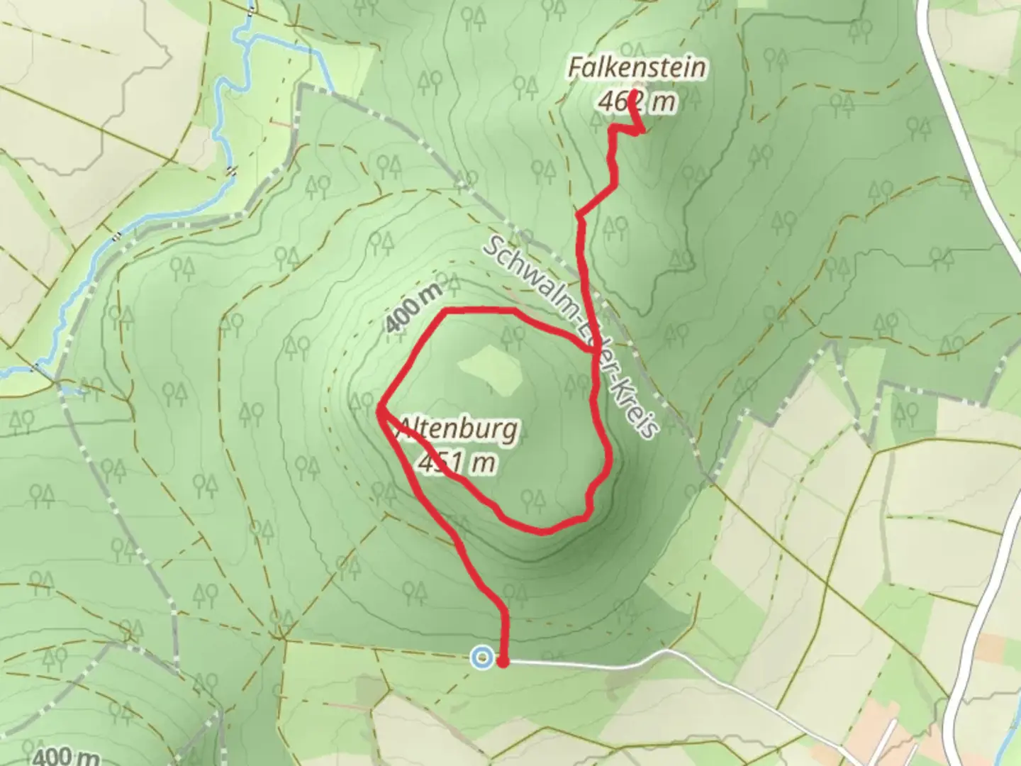 An image depicting the trail Altenburg Hill and Falkenstein Castle Loop via Habichtswaldsteig and its surrounding area.