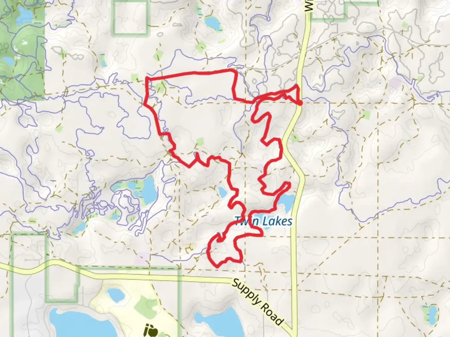 An image depicting the trail Williamsburg Road and Twin Lakes Loop and its surrounding area.