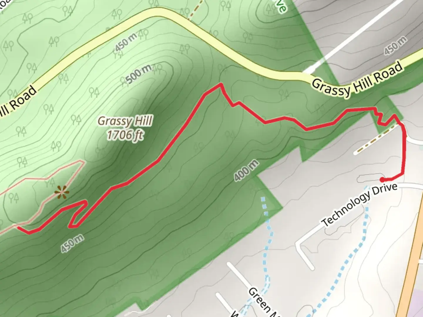 An image depicting the trail Grassy Hill - Boone Farm Out and Back and its surrounding area.
