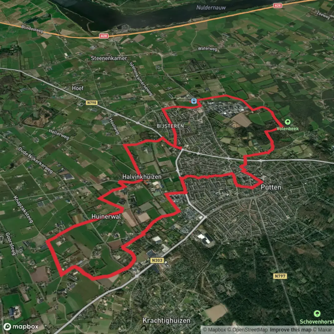 An image depicting the trail De Bosfluiter and Huinerwal Loop and its surrounding area.