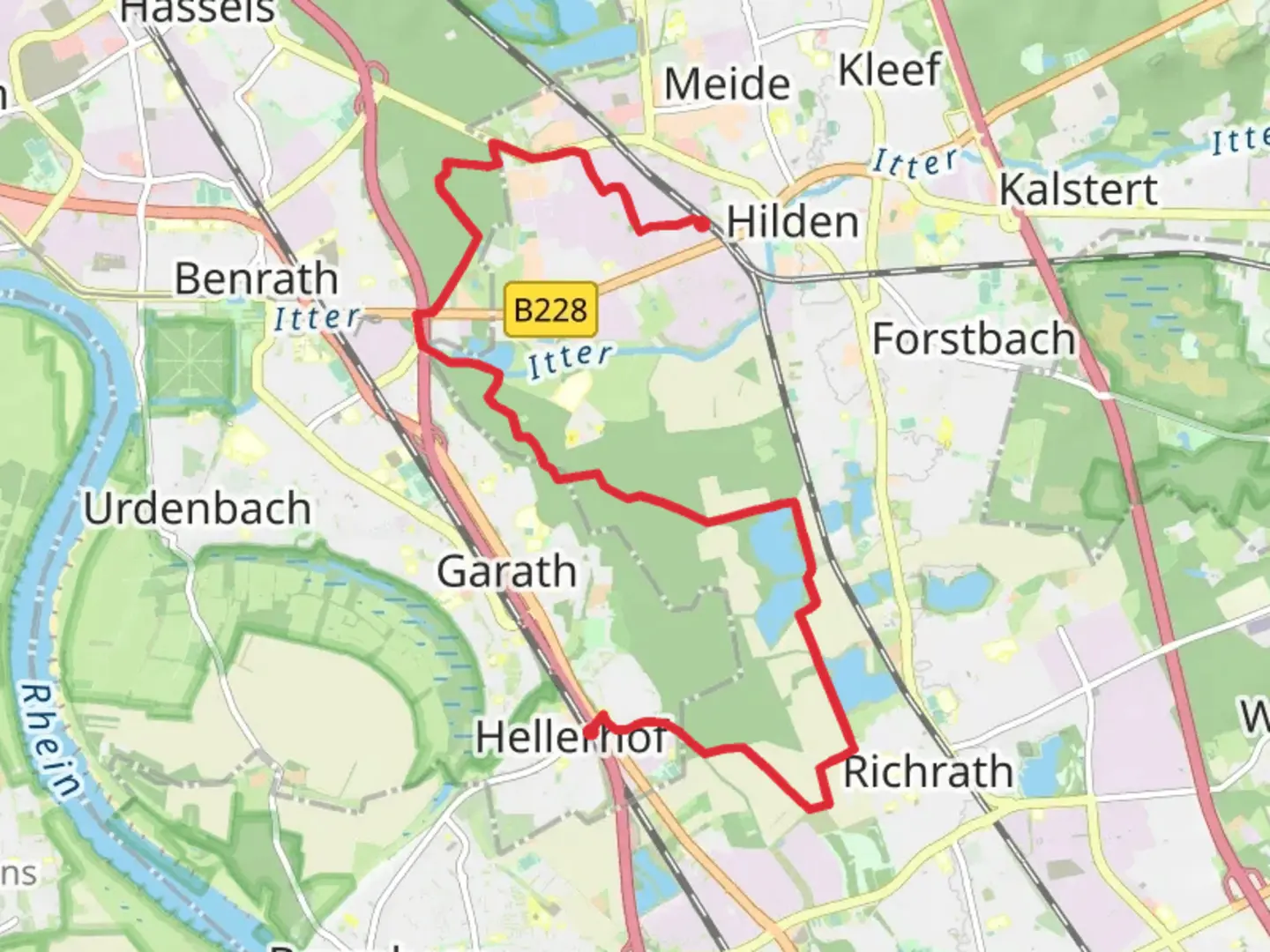 An image depicting the trail Hilden to Hellerhof via Oerkhaussee and An den Goelden and its surrounding area.