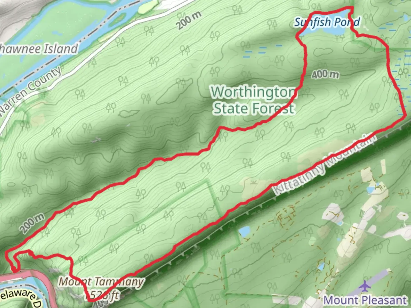 An image depicting the trail Red Dot Trail, Mount Tammany and Sunfish Pond Loop and its surrounding area.