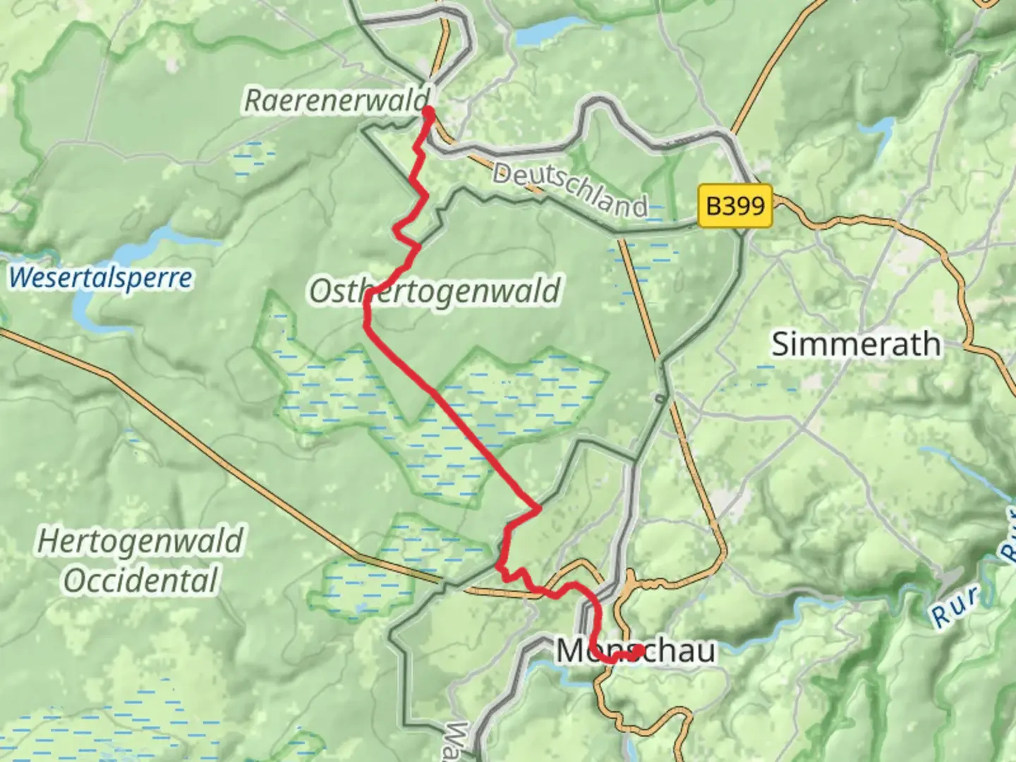 An image depicting the trail Petergensfeld to Monschau Walk via Osthertogenwald and its surrounding area.