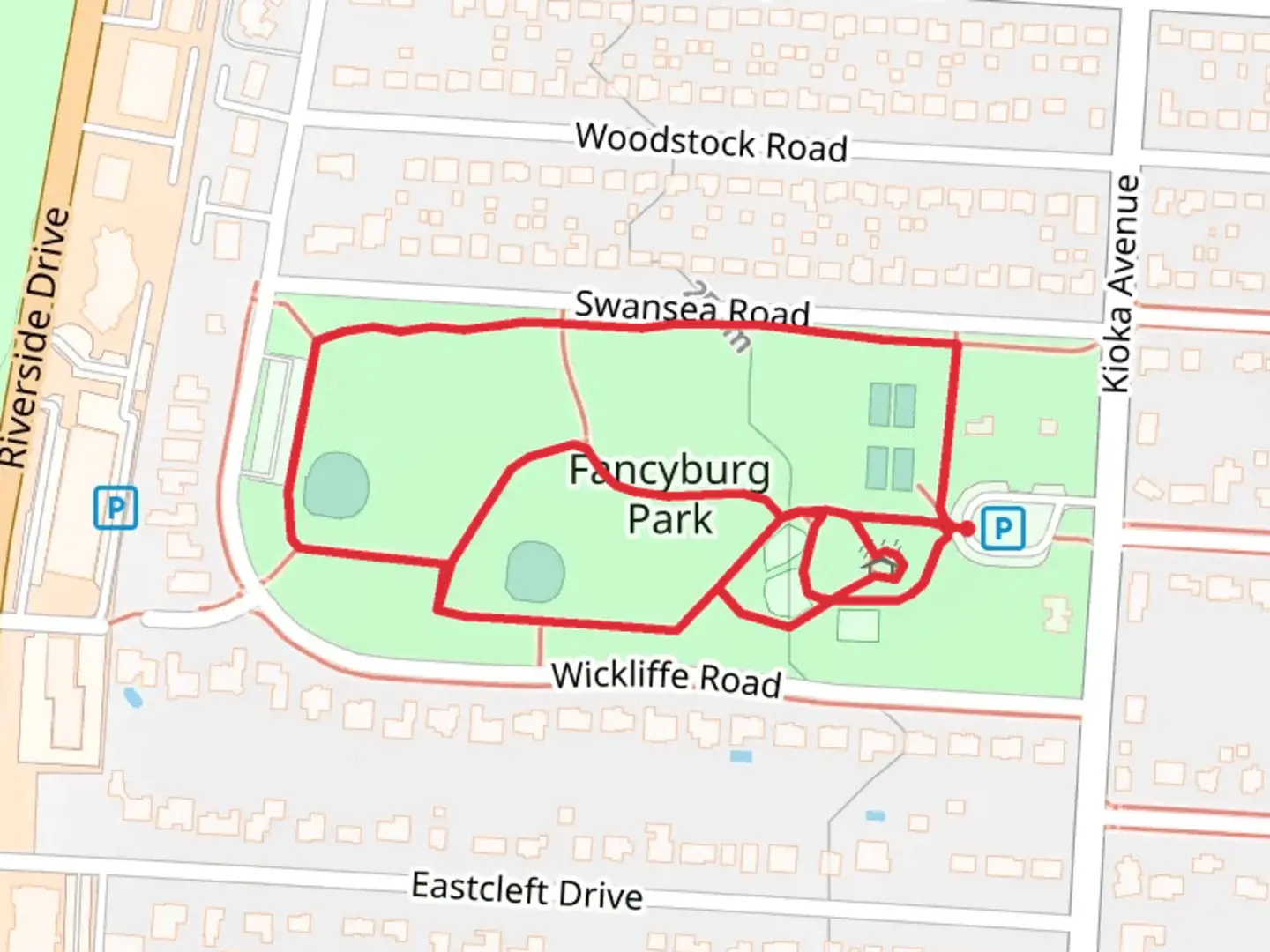 An image depicting the trail Fancyburg Park Loop and its surrounding area.