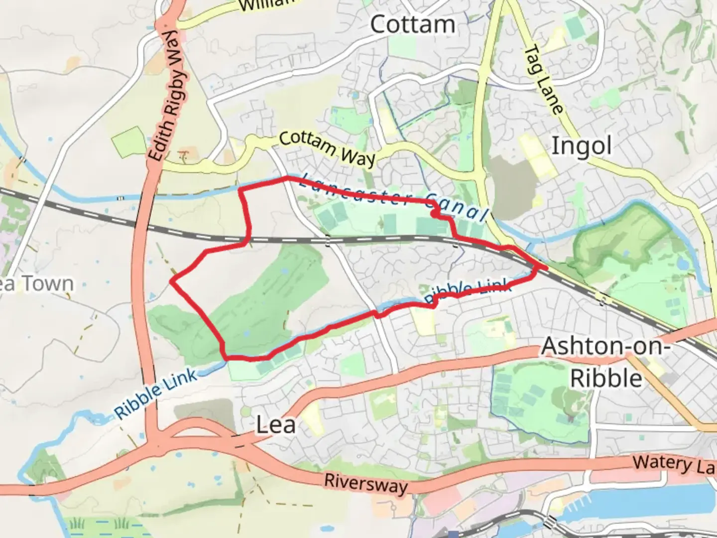 An image depicting the trail Preston Sports Arena and Ashton and Lea Golf Club Loop and its surrounding area.