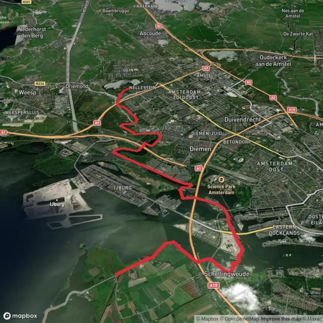An image depicting the trail Durgerdam, Amsterdamse brug and Gaasperplas and its surrounding area.