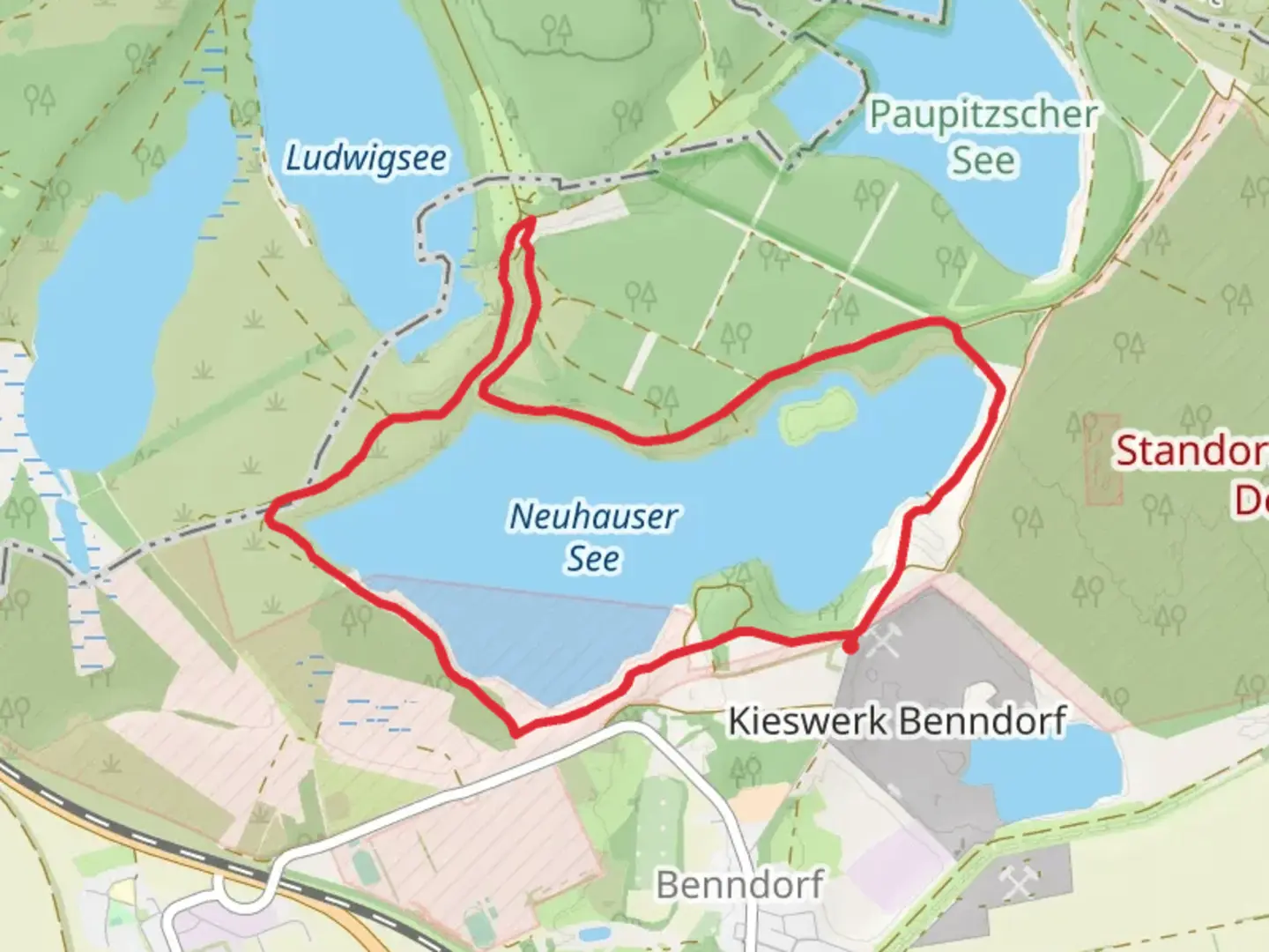An image depicting the trail Neuhäuser See and Drei Seen Blick Loop and its surrounding area.