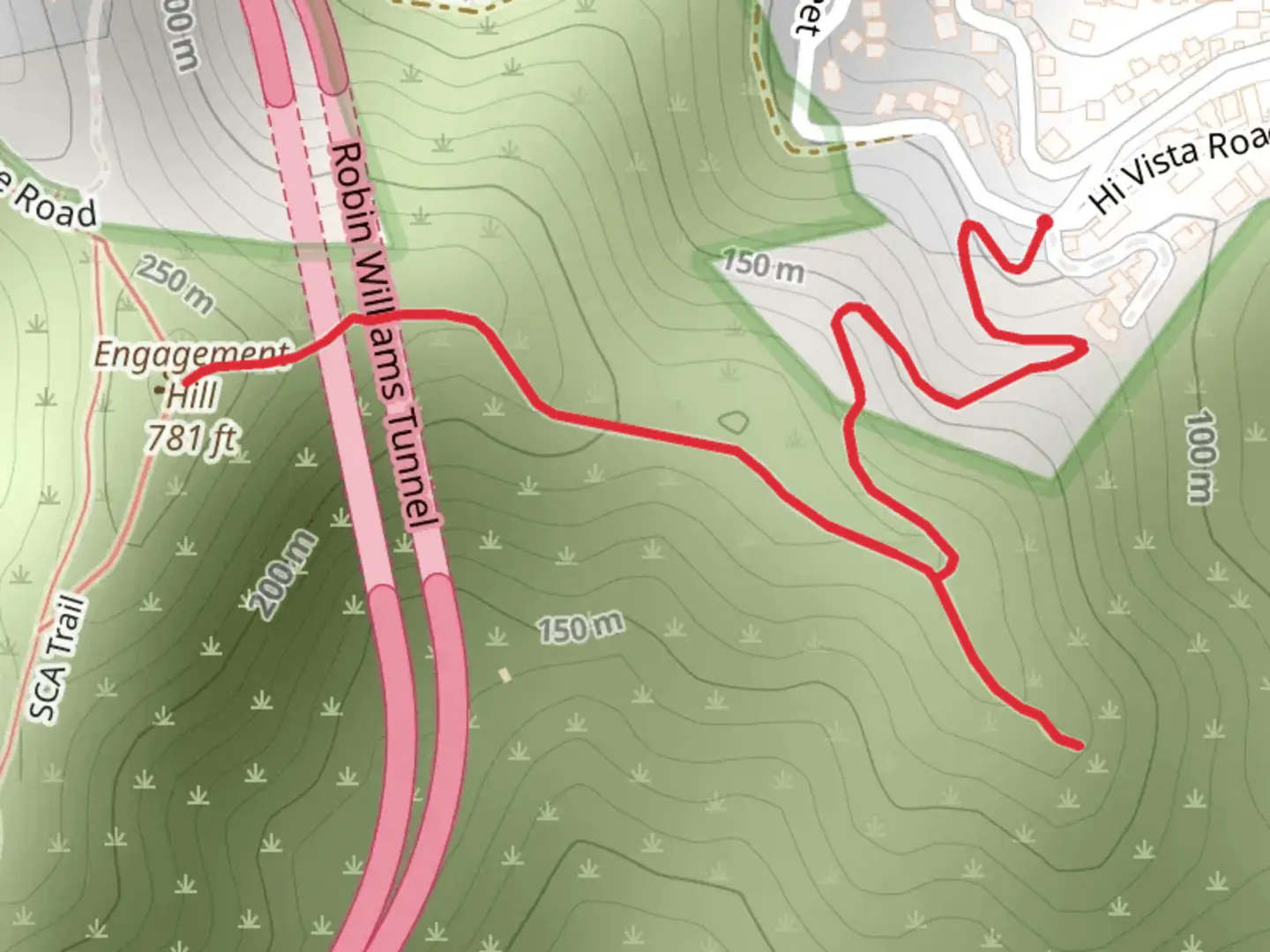 An image depicting the trail Engagement Hill from Marion Avenue and its surrounding area.
