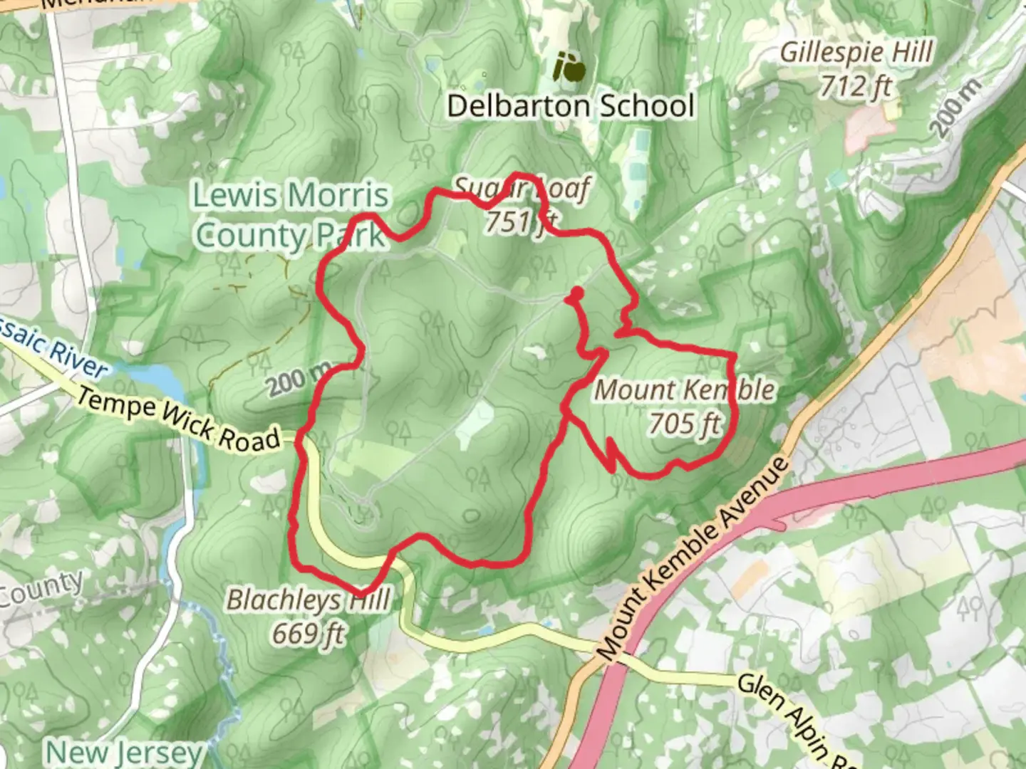 An image depicting the trail Patriots' Path, Grand and Blue Loop Trail and its surrounding area.