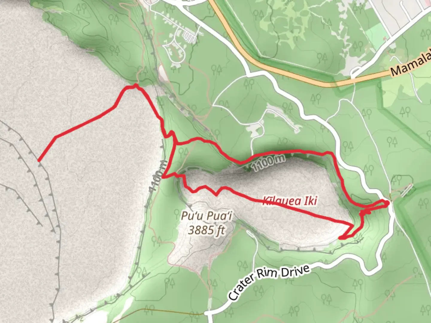 An image depicting the trail Crater Rim - Byron Ledge - Halemaʻumaʻu - Kīlauea Iki Loop Trail and its surrounding area.