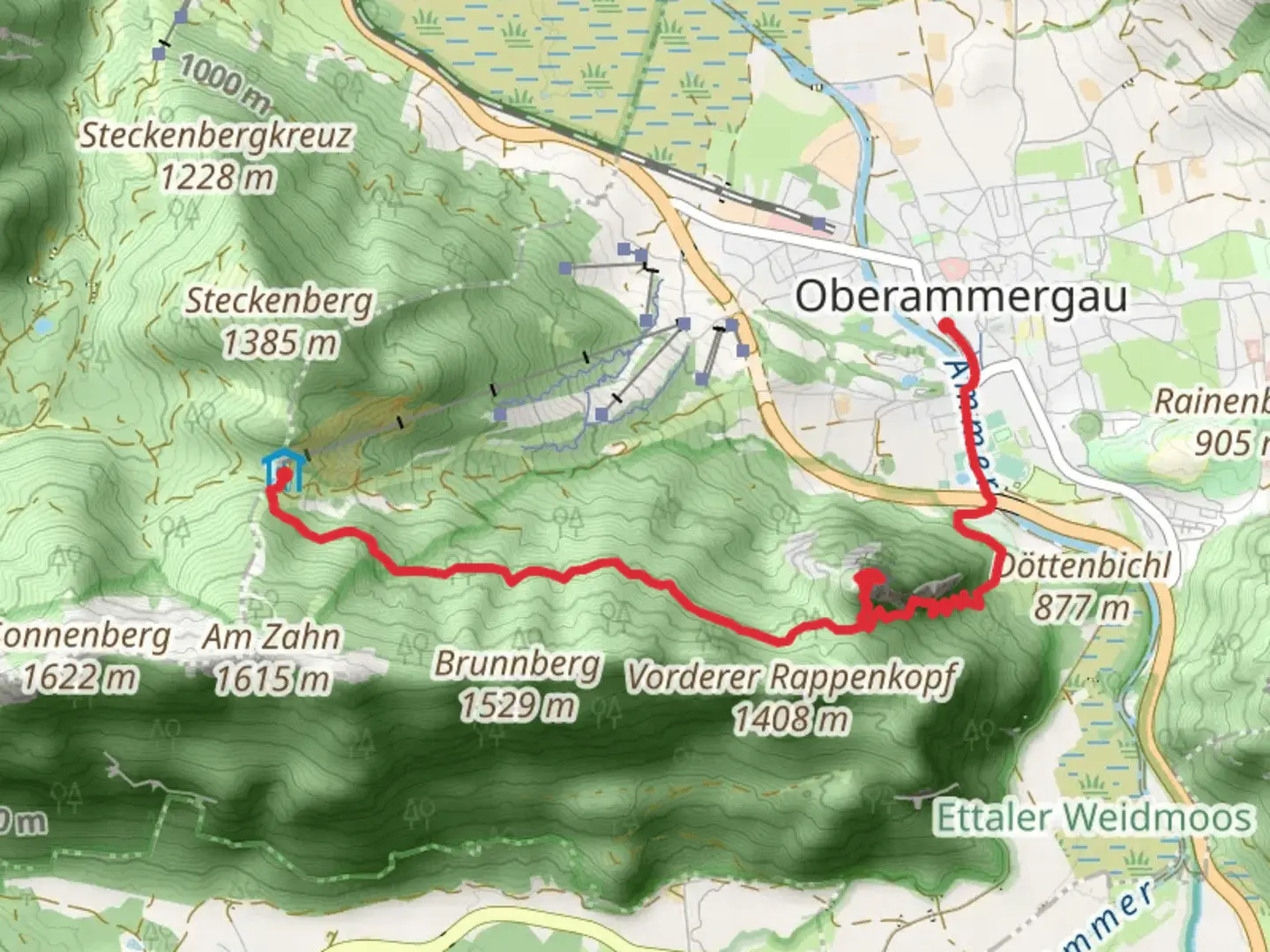 An image depicting the trail Kofel via Grottenweg and Königssteig and its surrounding area.