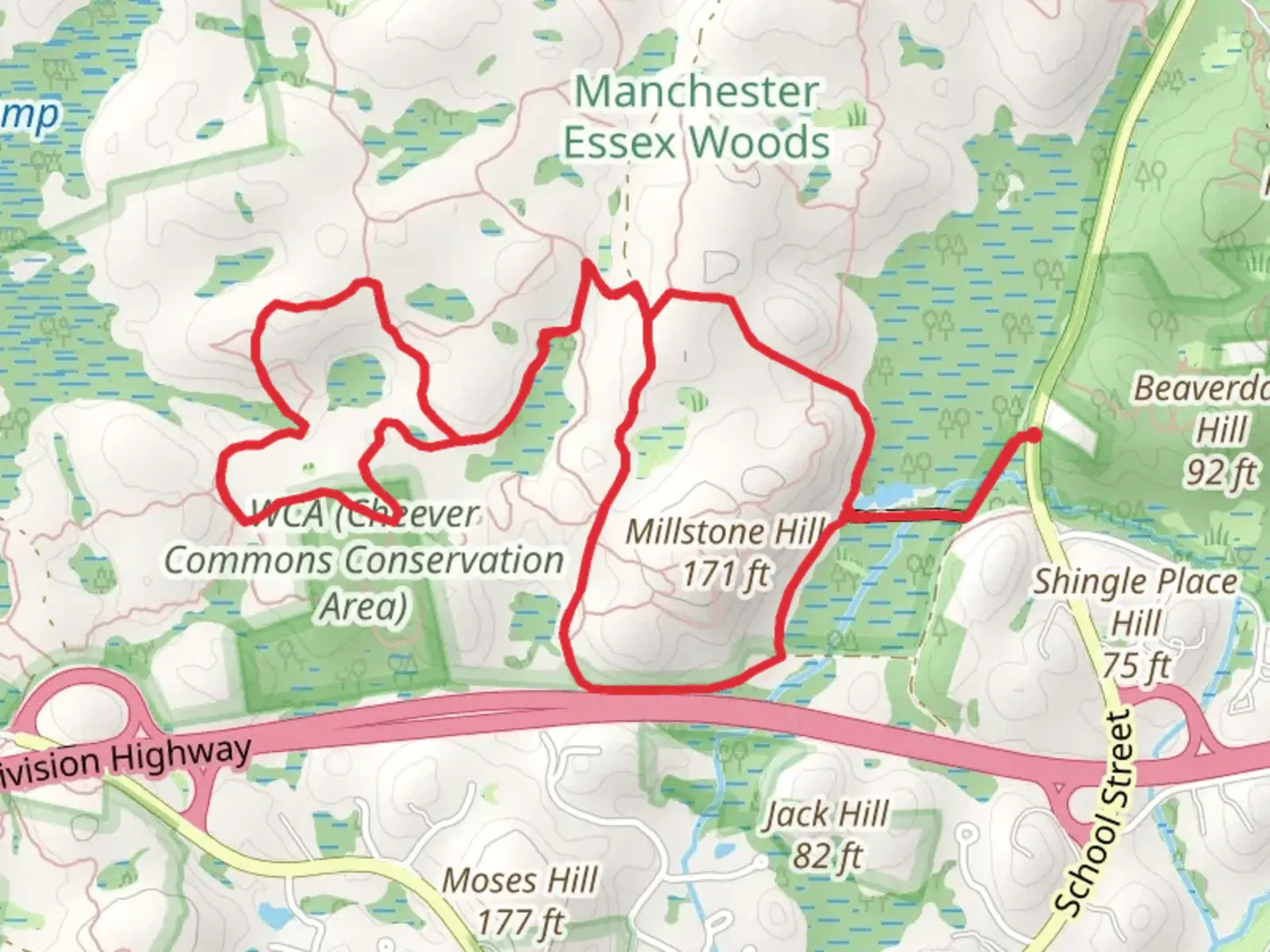 An image depicting the trail Cedar Swamp Conservation Area and Cheever Commons Conservation Area Loop and its surrounding area.