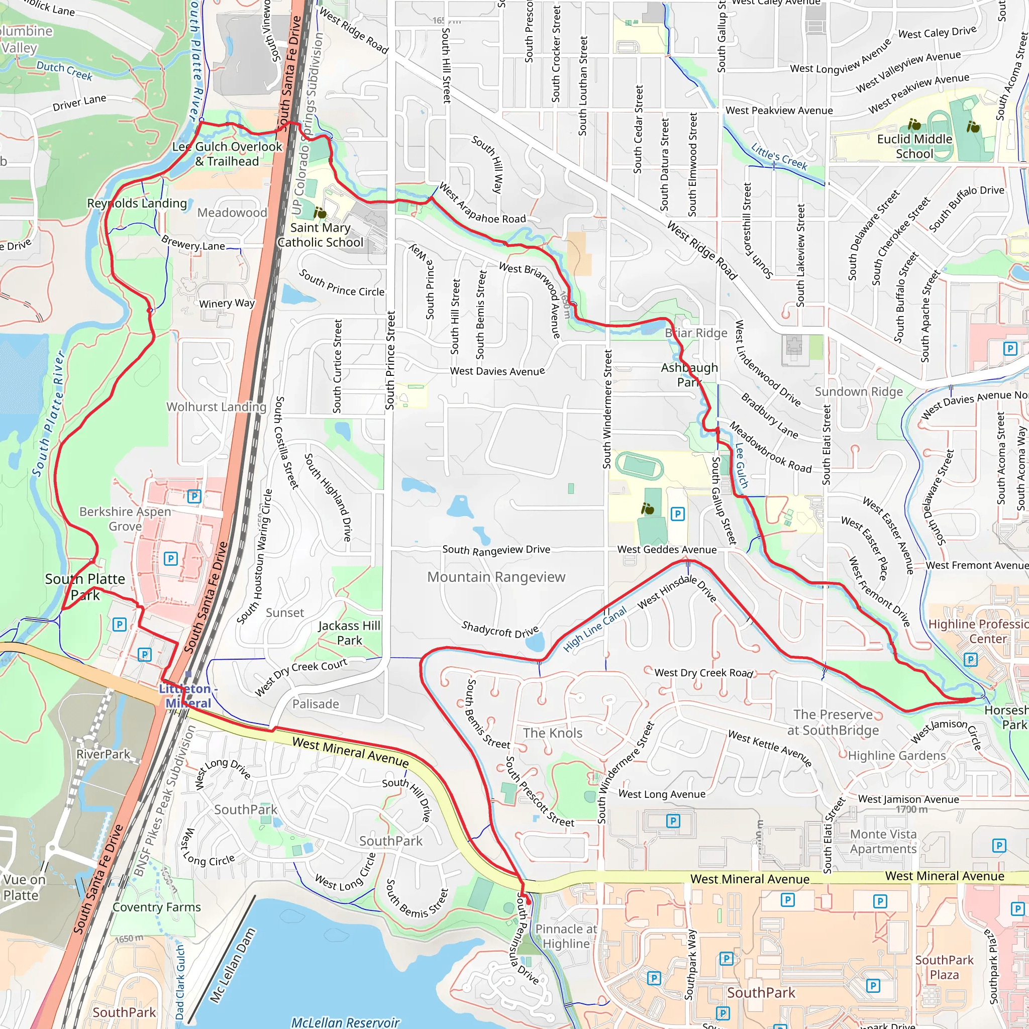 Mineral Ave,High Line Canal and Lee Gulch Loop Trail mobile static map