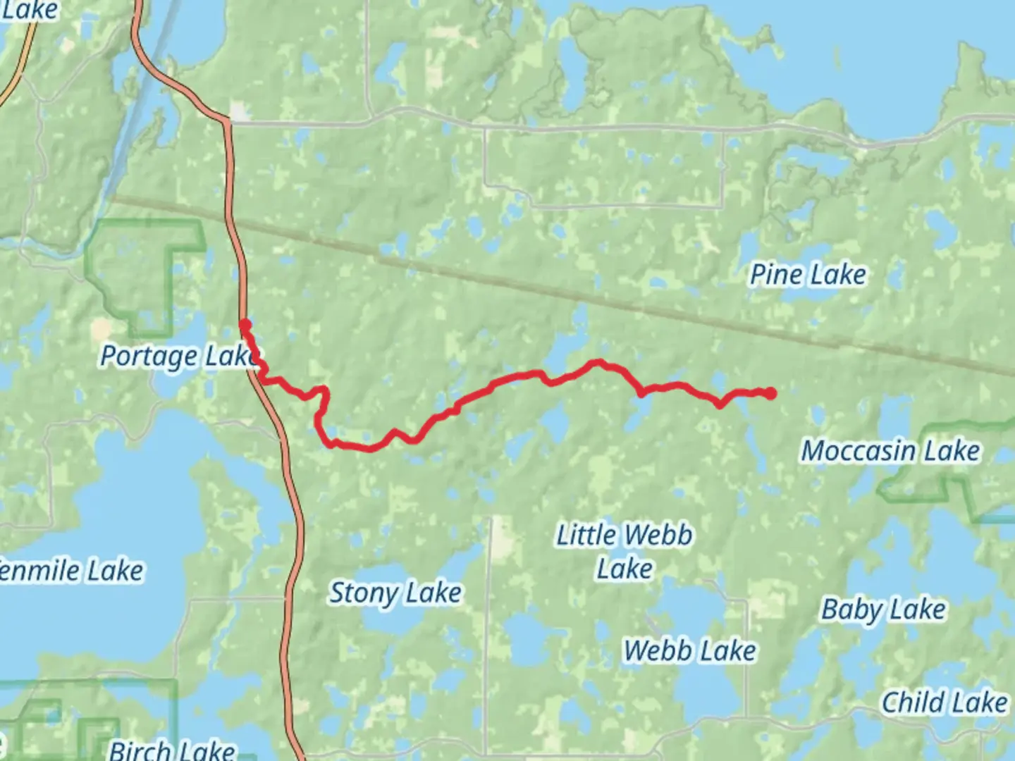 An image depicting the trail Lake Erin to North Stocking Lake via NCT and its surrounding area.